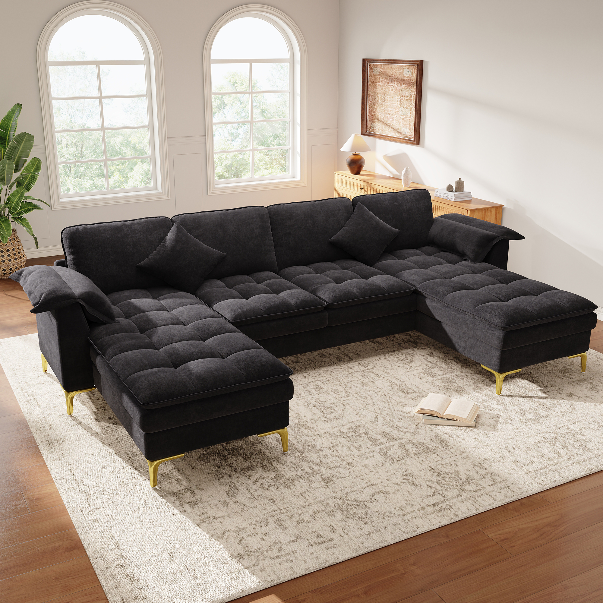 Canapé d’angle en U 4 places en chenille avec 2 méridiennes, 2 coussins et pieds métal doré, Noir, 262 x 134 x 86 cm - vue principale 1