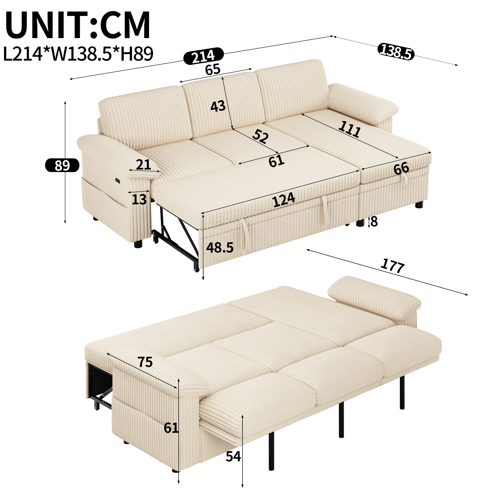 Dimensions et détails du canapé d’angle convertible beige