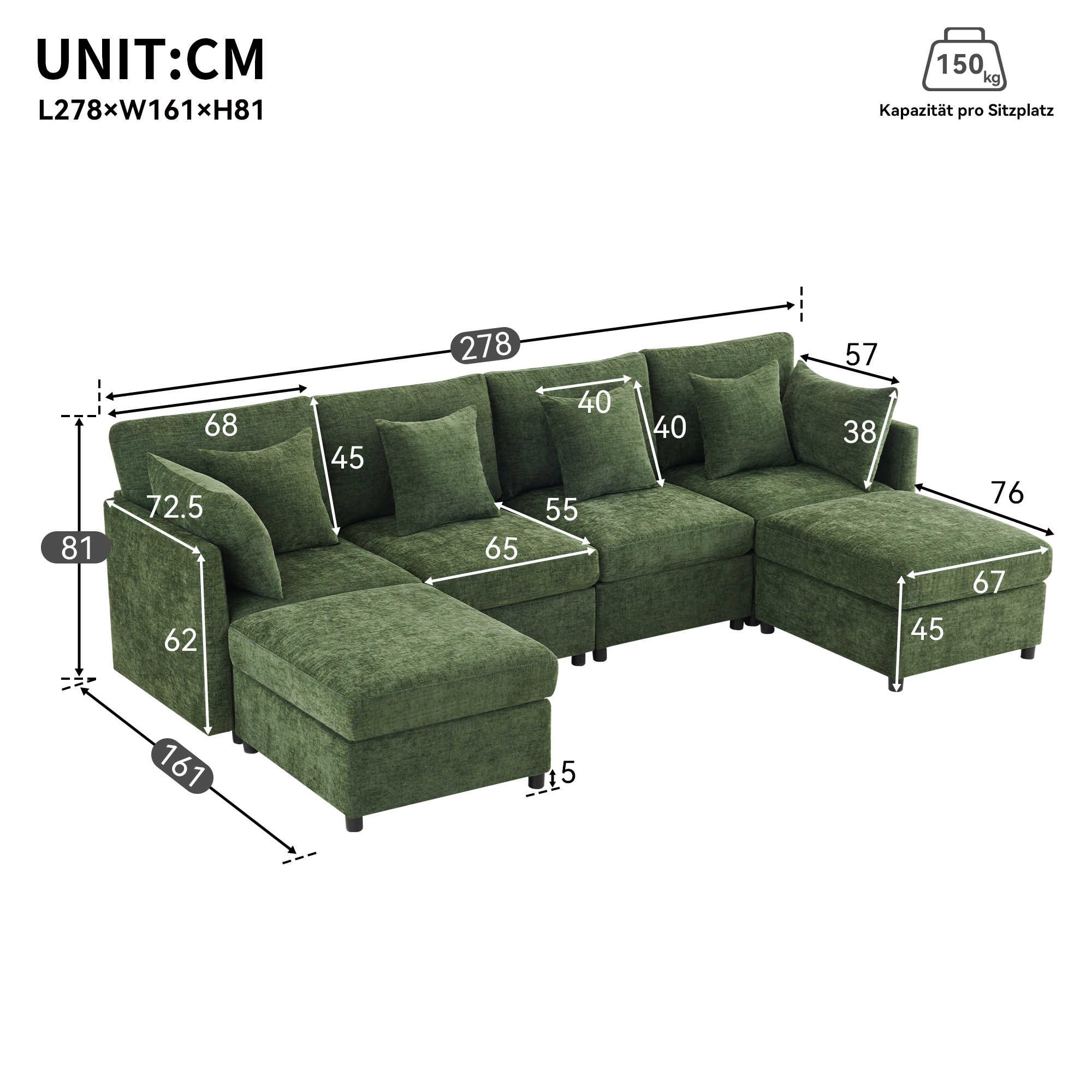 Canapé modulaire U/L vert chenille