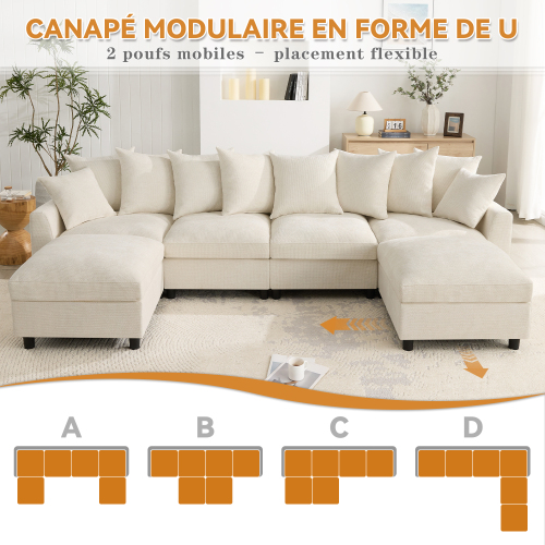 Canapé d’angle modulable en chenille avec 2 poufs