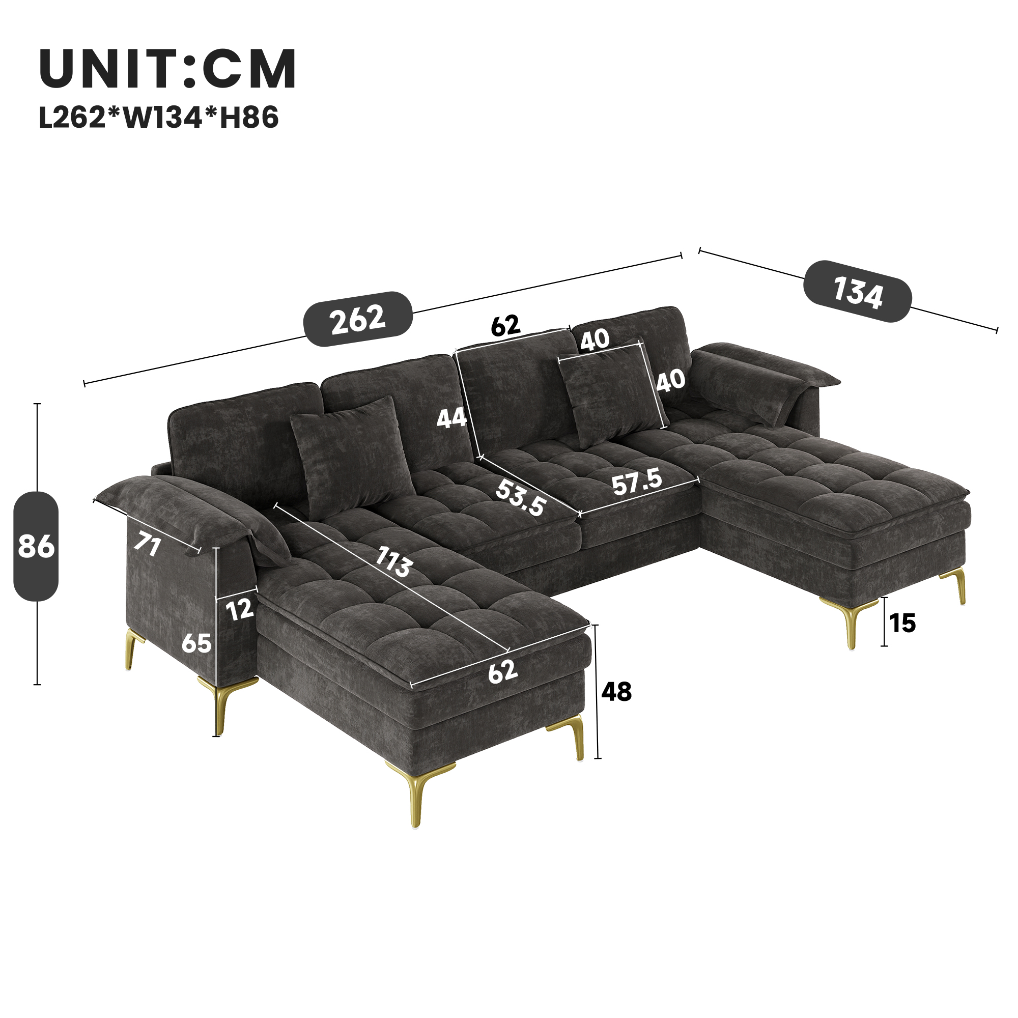 Canapé d’angle en U 4 places en chenille avec 2 méridiennes, 2 coussins et pieds métal doré, Gris, 262 x 134 x 86 cm - vue complémentaire 1