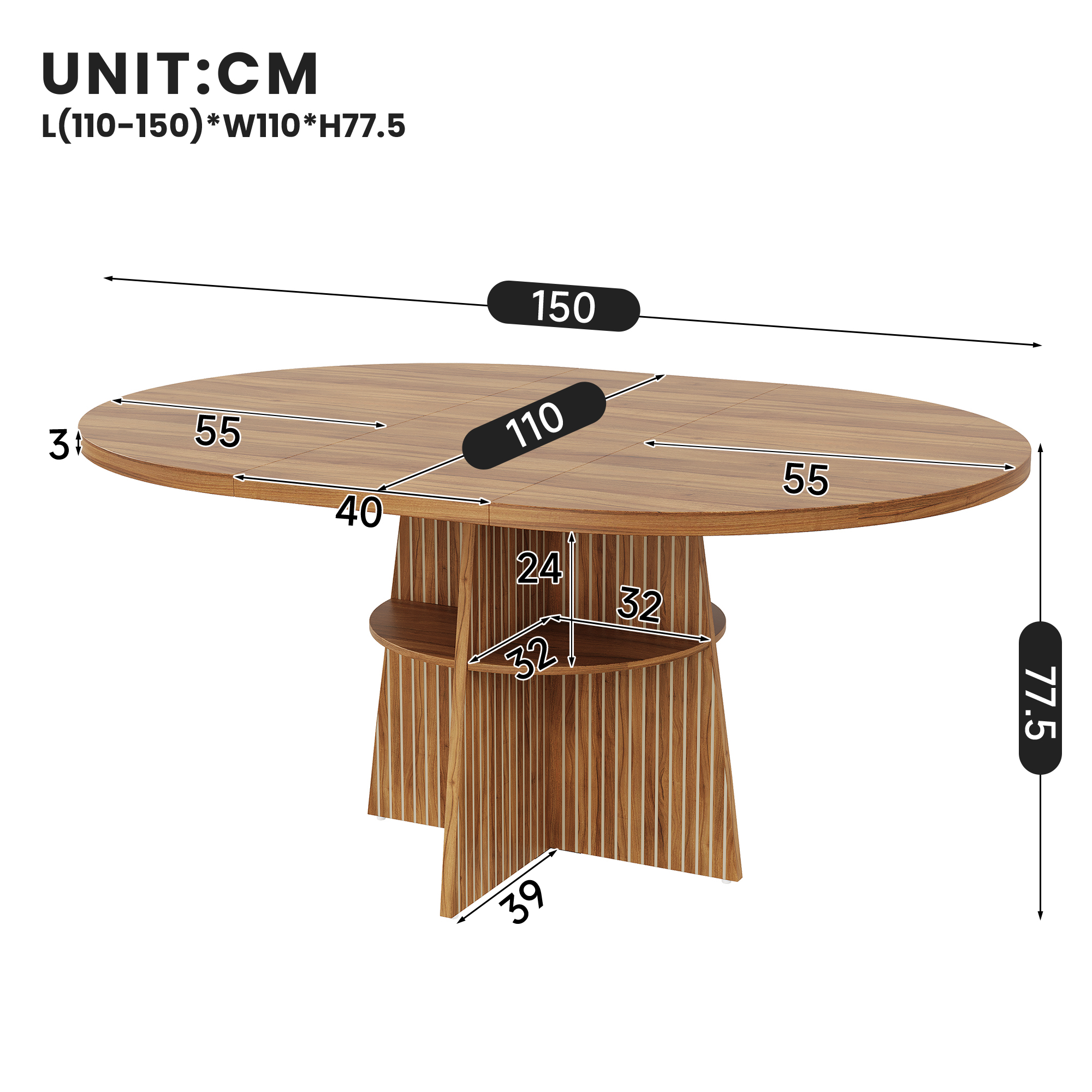 Table à manger ronde extensible 110–150 × 110 × 77,5 cm avec étagère de rangement - vue 5