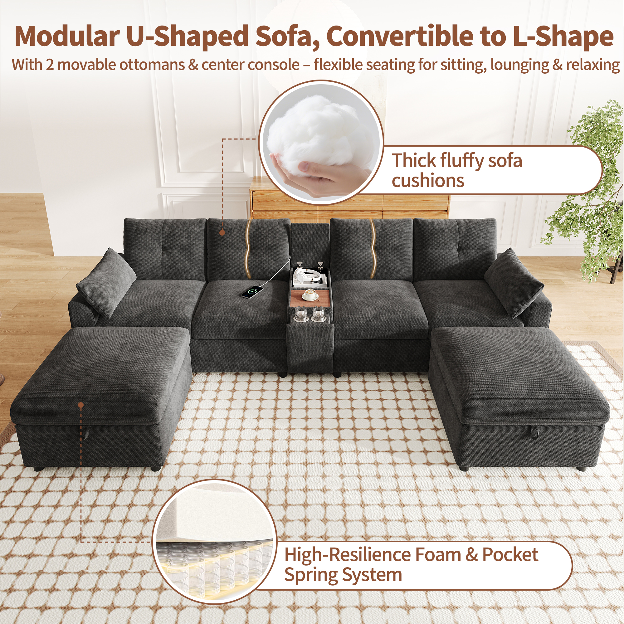 Canapé modulable 6 places en chenille U/L avec 2 poufss coffre, console, USB/Type-C et porte-gobelets, Gris, 316 x 140 x 84,5 cm - points forts 1