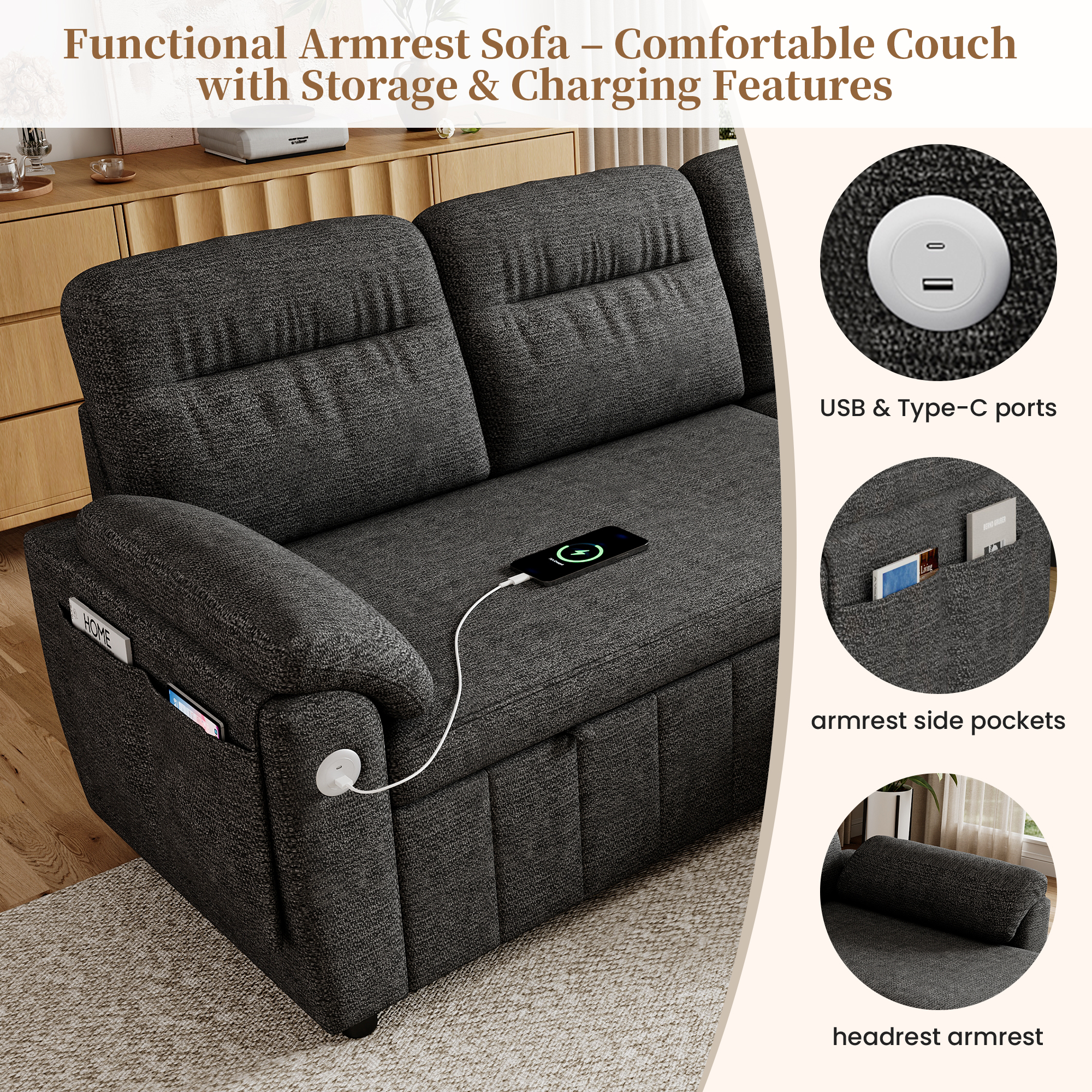Canapé d’angle convertible en L 3 places en chenille avec méridienne réversible, rangement, USB/Type-C, Gris, 208 x 131 x 88 cm - spécifications 1
