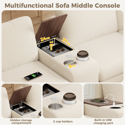 Console centrale mobile avec porte-gobelets USB et Type-C