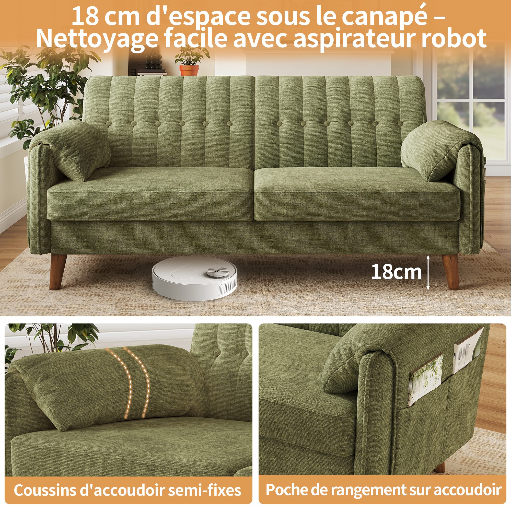 Canapé 2 places 161,5 x 79 x 83,5 cm, avec coffre de rangement, modulable, en chenille, Vert - dimensions et spécifications