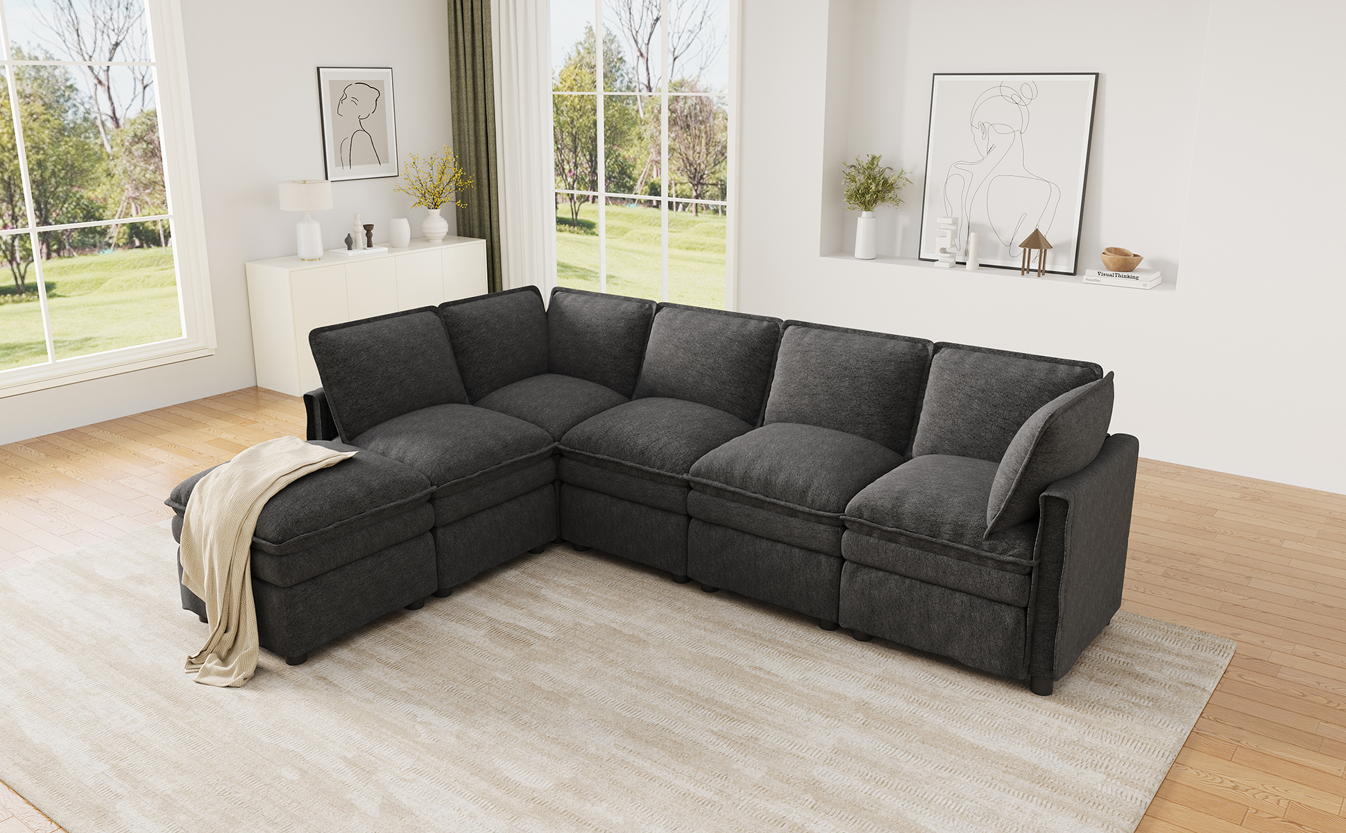 Canapé XXL modulable 6 places avec pouf et revêtement en chenille
