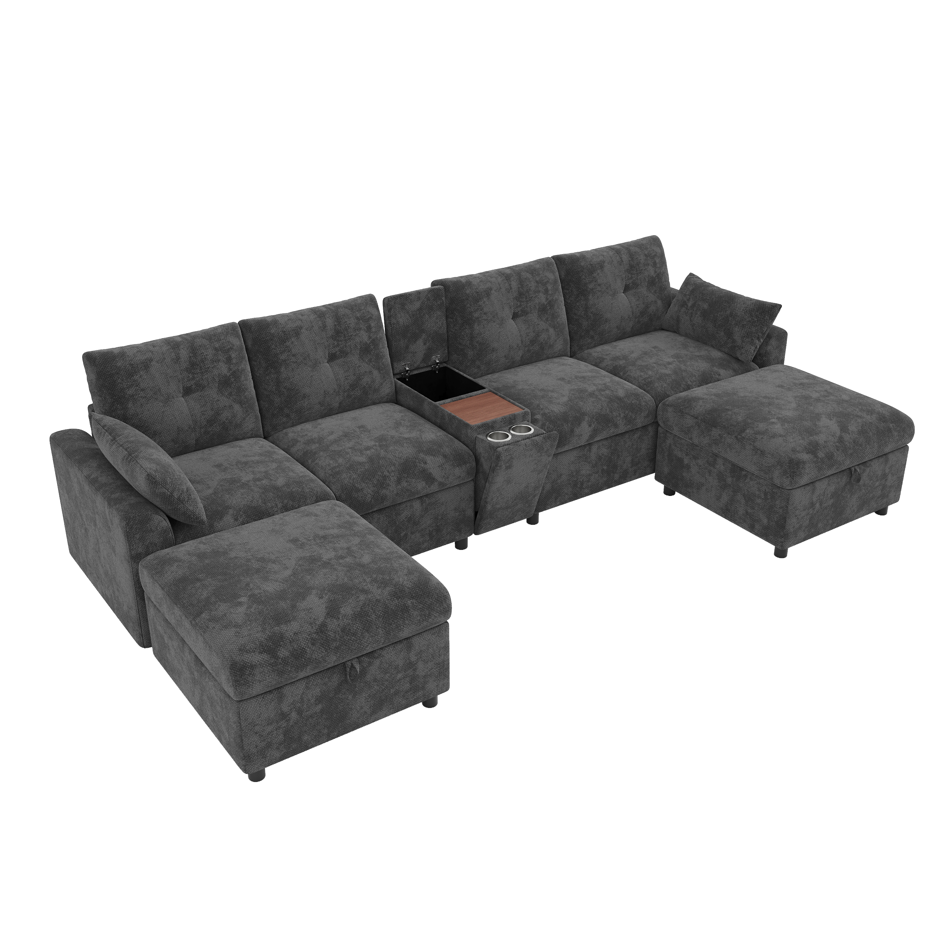 Canapé modulable 6 places en chenille U/L avec 2 poufss coffre, console, USB/Type-C et porte-gobelets, Gris, 316 x 140 x 84,5 cm - présentation 1