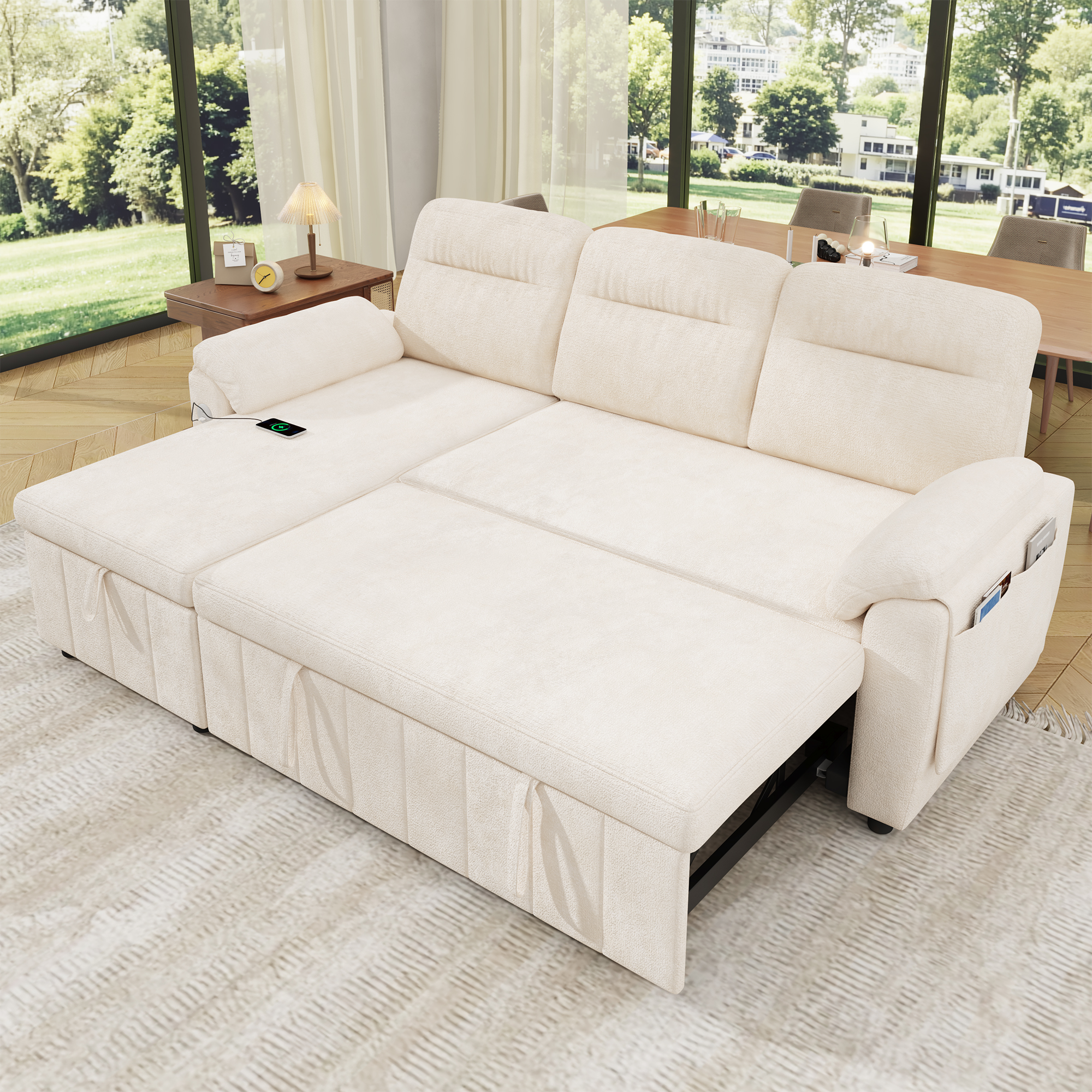 Canapé d’angle convertible en L 3 places en chenille avec méridienne réversible, rangement, USB/Type-C, Beige, 208 x 131 x 88 cm - vue principale 1