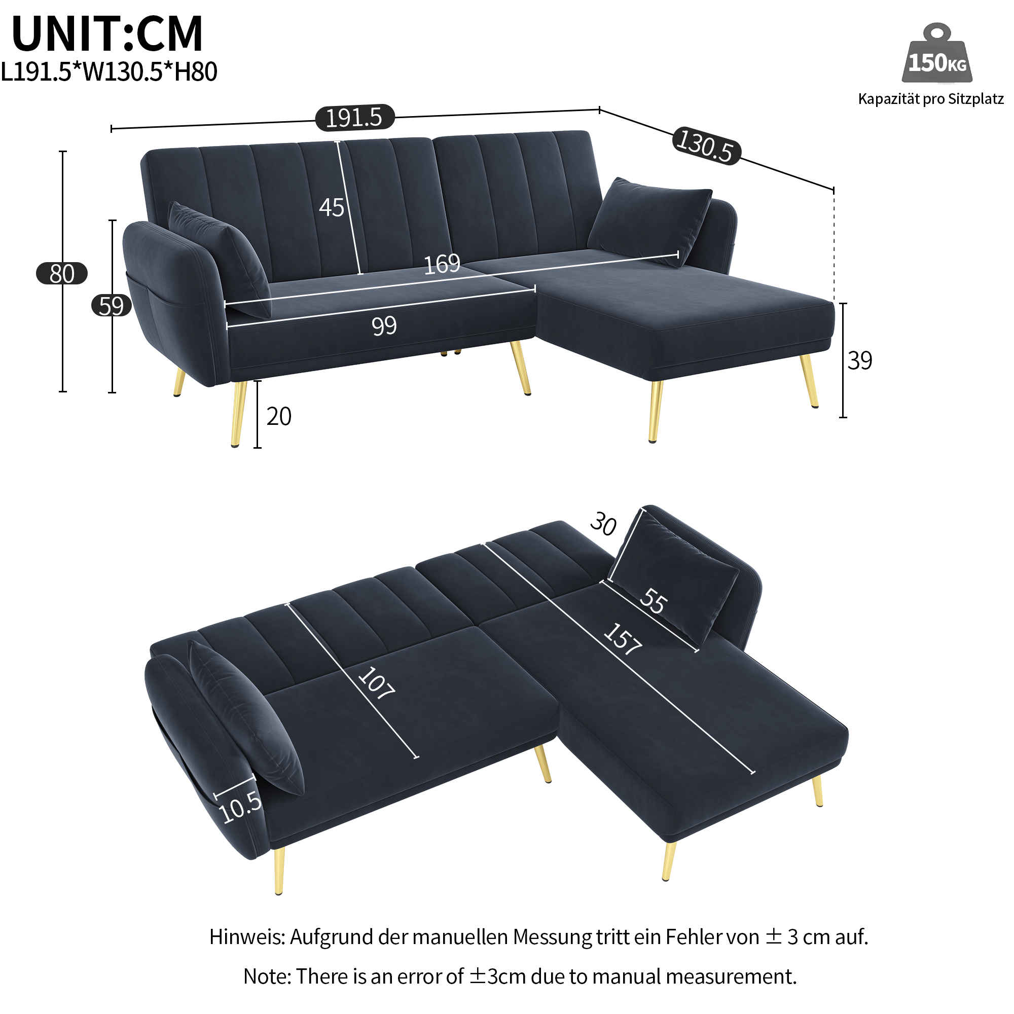 Canapé d'angle L convertible noir velours