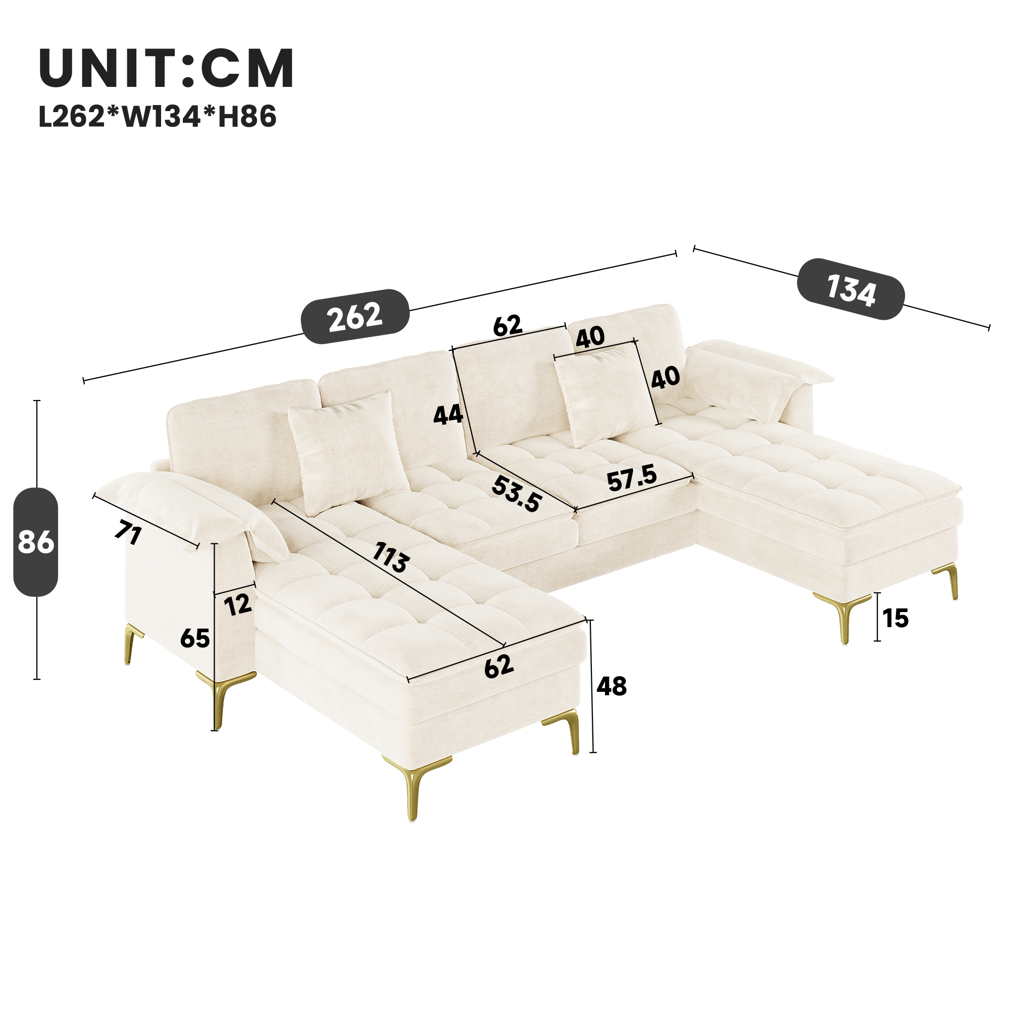 Canapé d’angle en U 4 places en chenille avec 2 méridiennes, 2 coussins et pieds métal doré, Beige, 262 x 134 x 86 cm - vue complémentaire 1