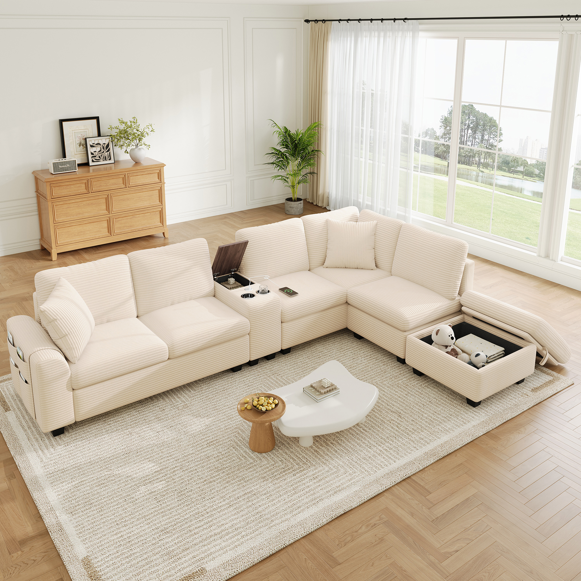 Canapé d’angle modulable 6 places 311 x 139 x 85 cm canapé en L avec méridienne, avec rangement, velours côtelé, Beige - présentation 1