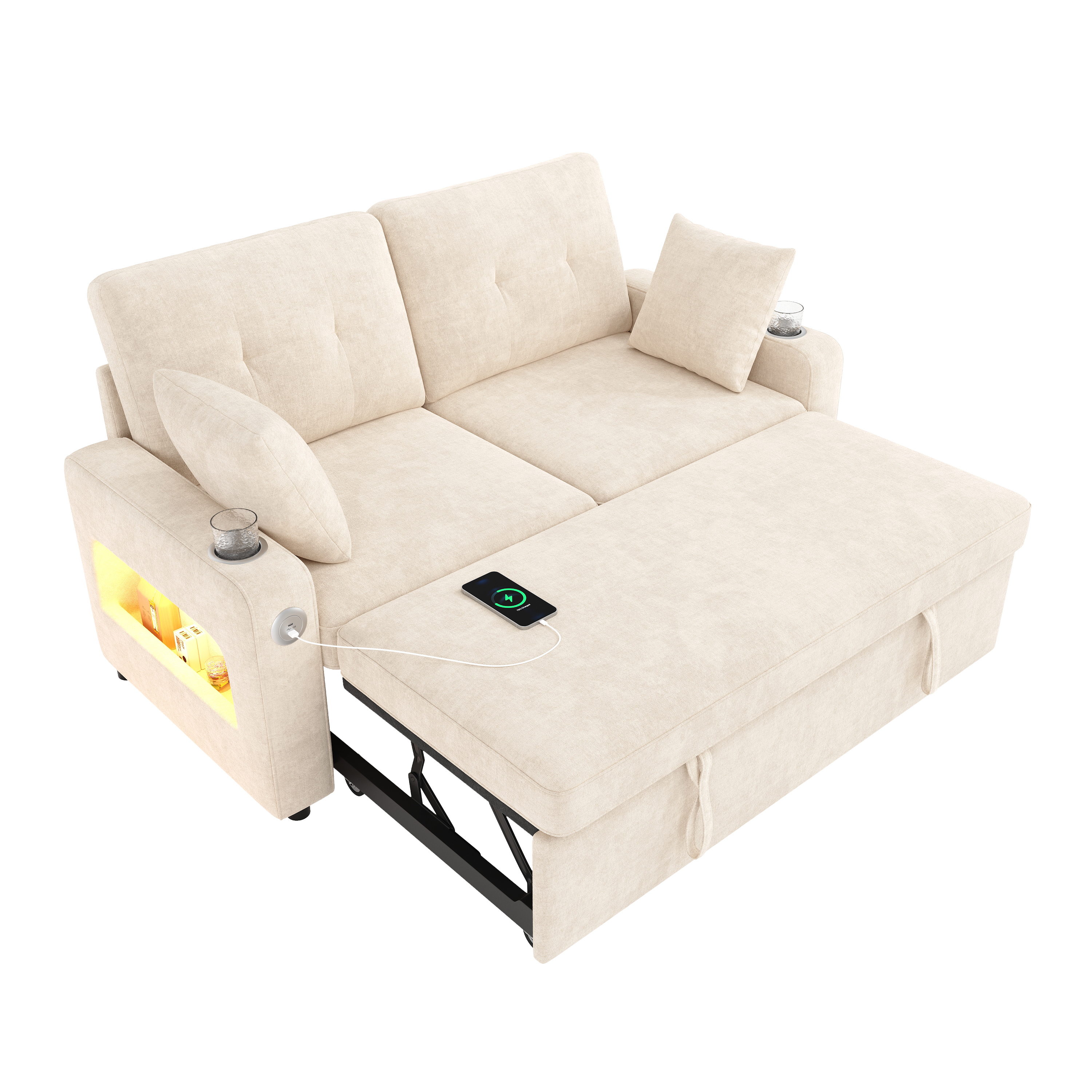 Canapé 2 places 141,5 x 131 x 83,5 cm, convertible, modulable, avec USB/Type-C, en chenille, Beige - détails