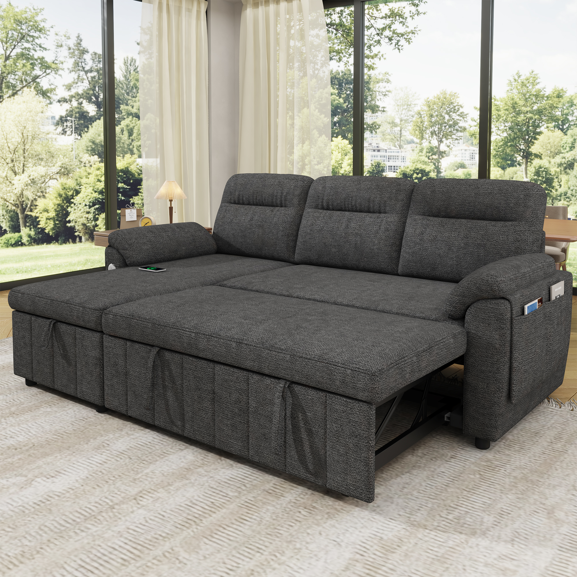 Canapé d’angle convertible en L 3 places en chenille avec méridienne réversible, rangement, USB/Type-C, Gris, 208 x 131 x 88 cm - vue principale 1