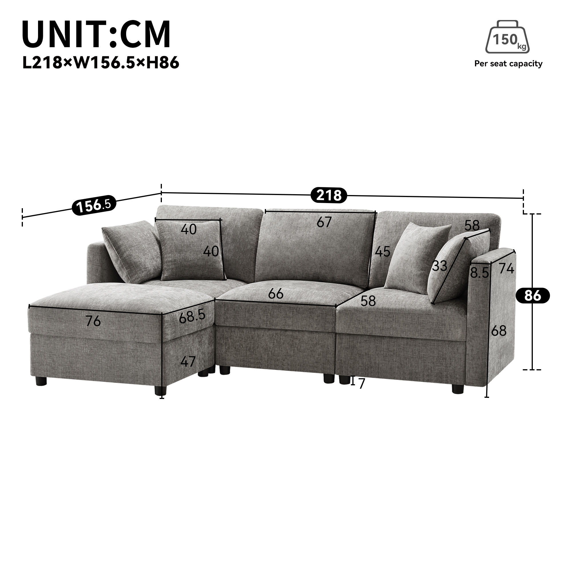 Dimensions canapé angle 218x156.5x86 cm