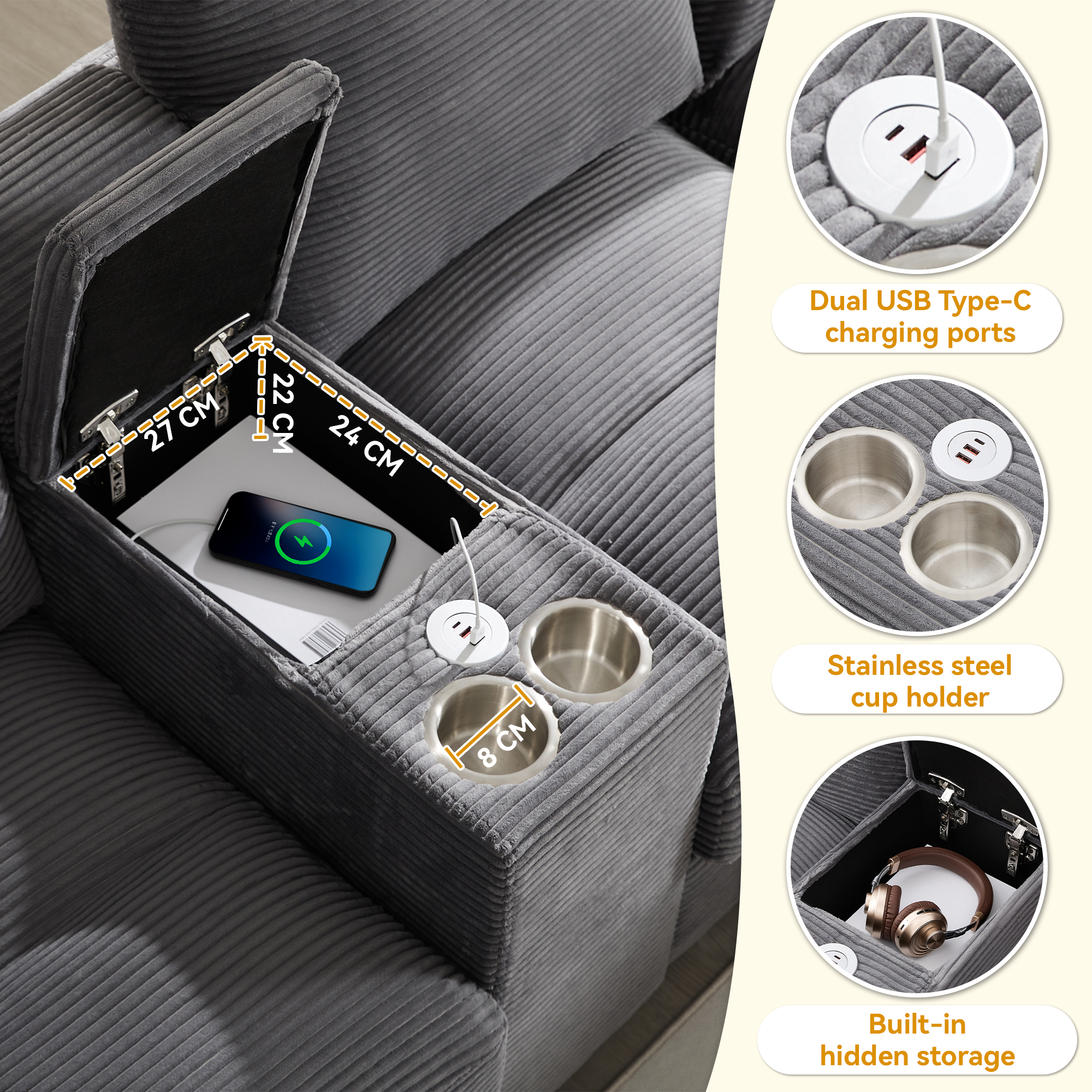 Détail USB et rangement canapé U gris