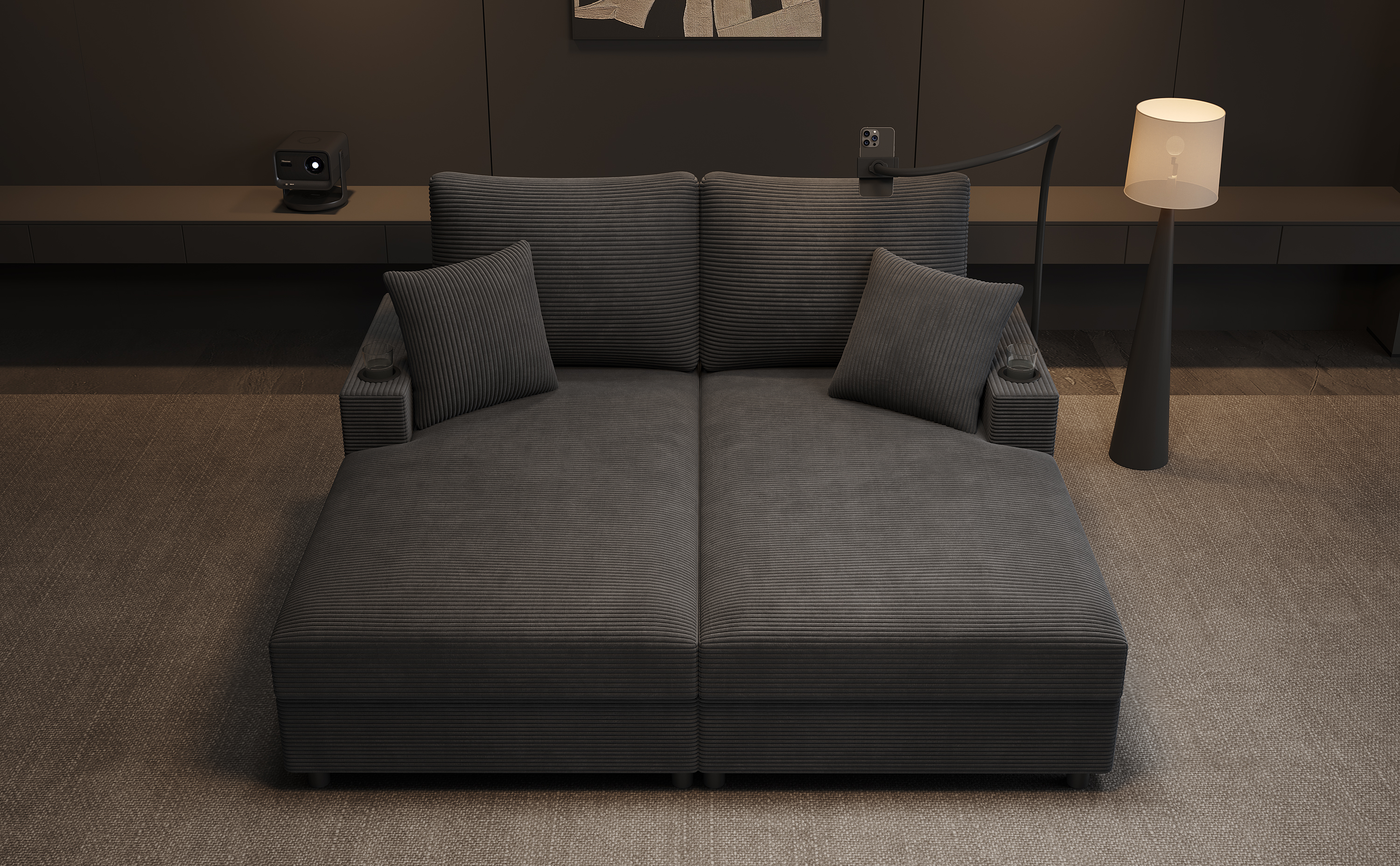 Canapé 2 places gris en velours côtelé avec ports USB et porte-gobelets