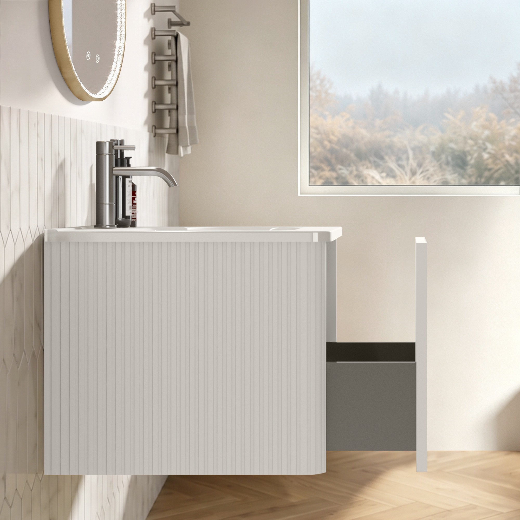 Miroir de salle de bains LED, avec tiroirs, éclairage led, contreplaqué et verre, blanc - vue 6