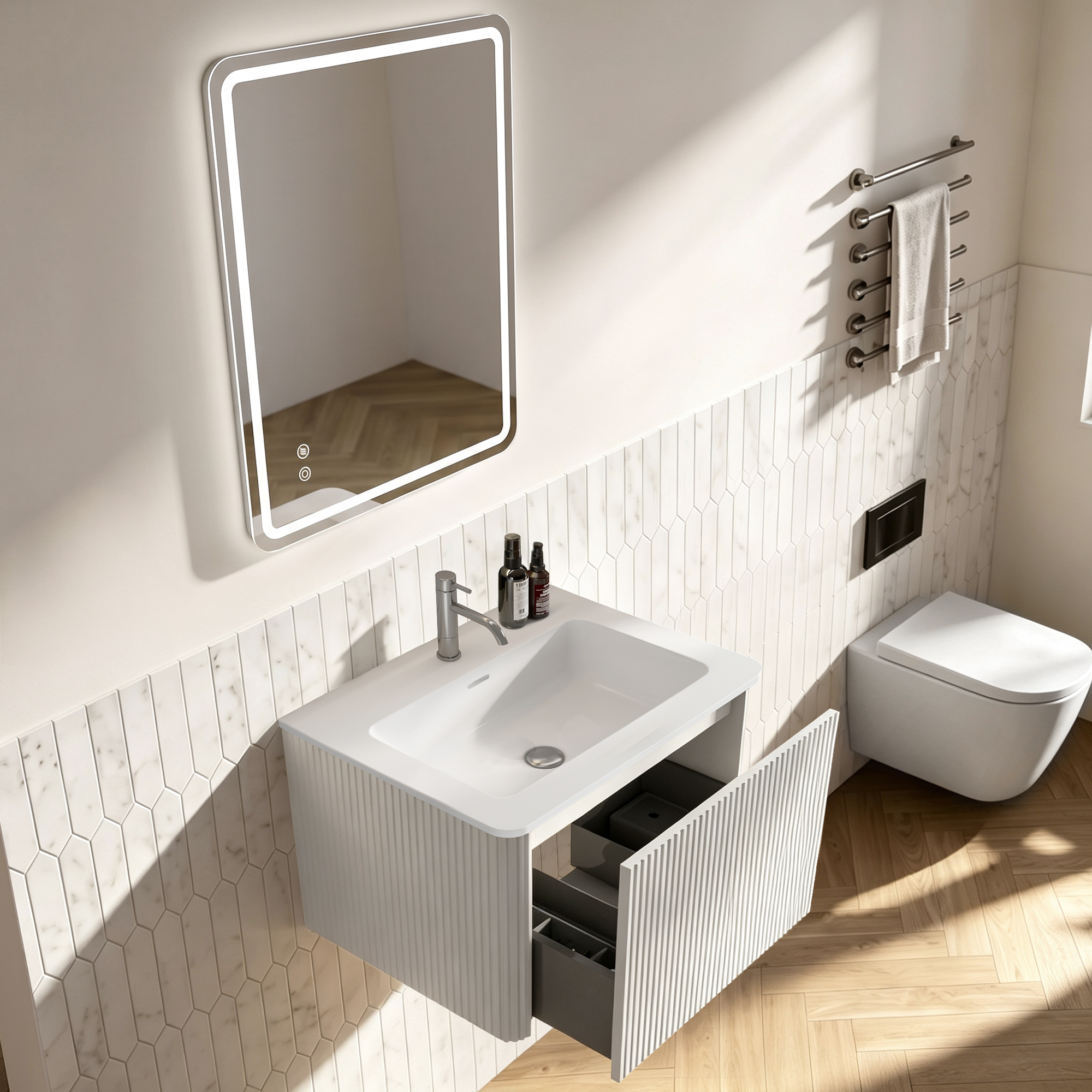 Miroir de salle de bains LED, avec tiroirs, éclairage led, contreplaqué et verre, blanc - vue 2