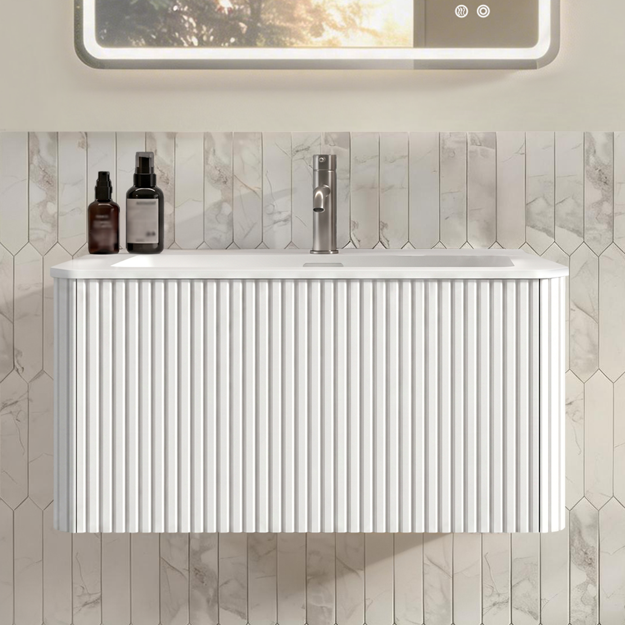 Meuble de salle de bains, 81 x 46,5 x 37 cm, contreplaqué et bois, blanc - vue 1