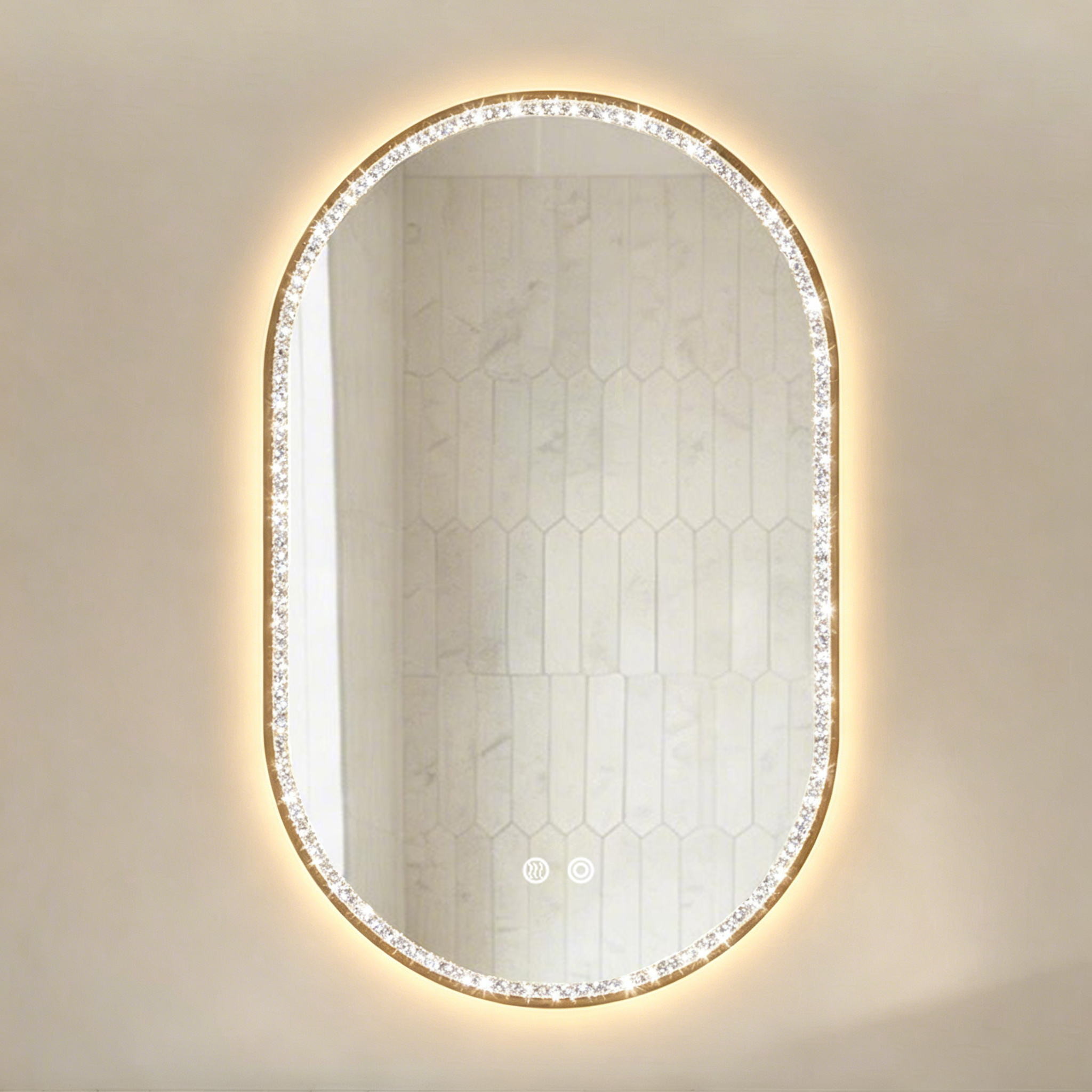 Miroir de salle de bains LED ovale 50 x 80 cm, cadre doré, anti-buée, dimmable, commande tactile - vue 1
