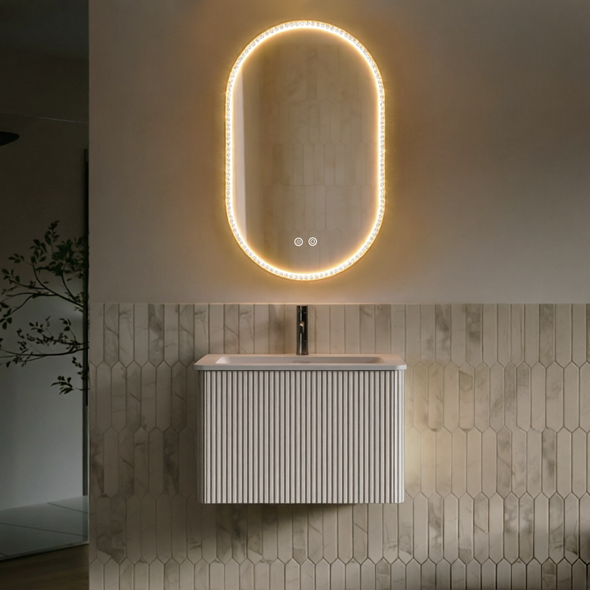 Miroir de salle de bains LED, avec tiroirs, éclairage led, contreplaqué et verre, blanc - vue 2