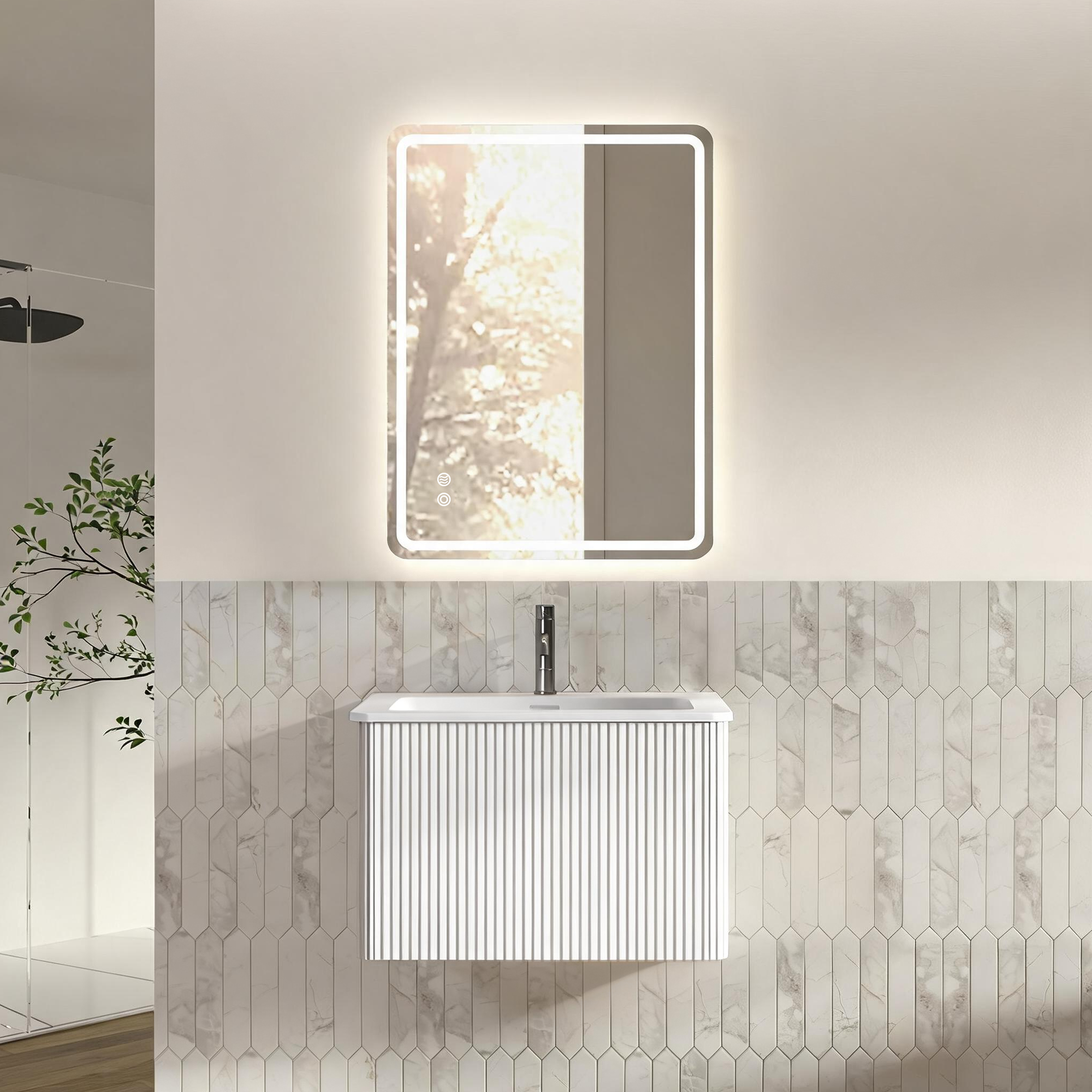 Miroir de salle de bains LED, avec tiroirs, éclairage led, contreplaqué et verre, blanc - vue 1