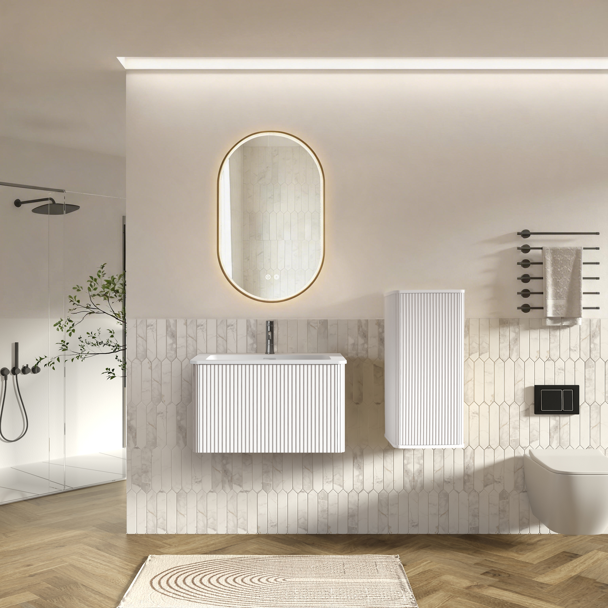 Miroir de salle de bains LED, éclairage led, contreplaqué et verre, blanc - vue 2
