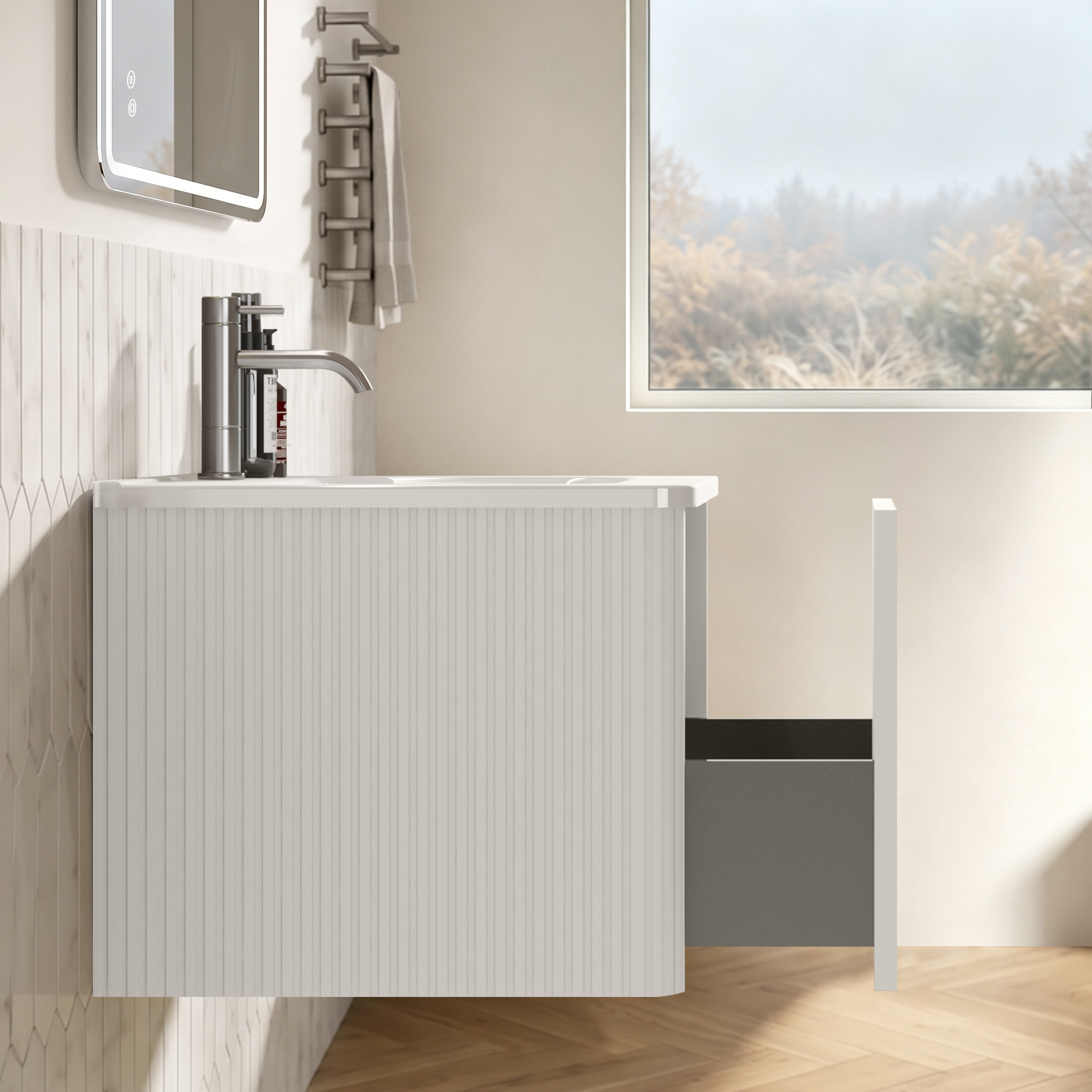 Miroir de salle de bains LED, avec tiroirs, éclairage led, contreplaqué et verre, blanc - vue 4