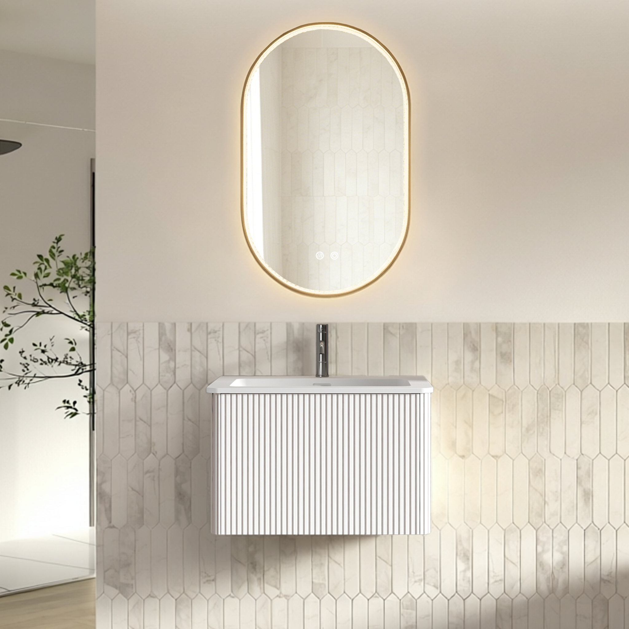 Miroir de salle de bains LED, avec tiroirs, éclairage led, contreplaqué et verre, blanc - vue 1