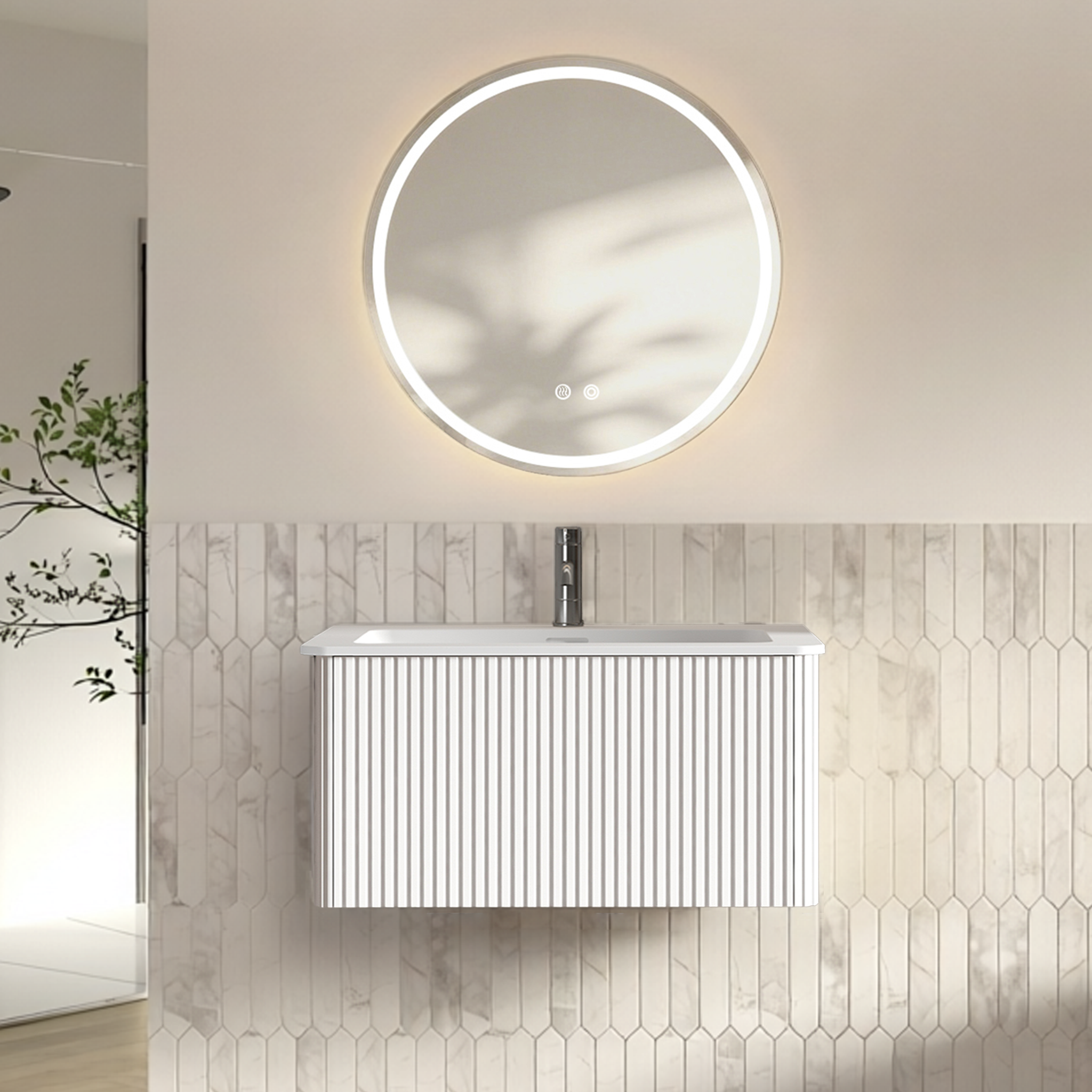 Miroir de salle de bains LED, avec tiroirs, éclairage led, contreplaqué et verre, blanc - vue 1