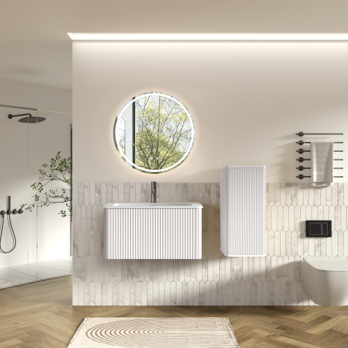 Ensemble de salle de bain blanc avec meuble vasque colonne et miroir LED