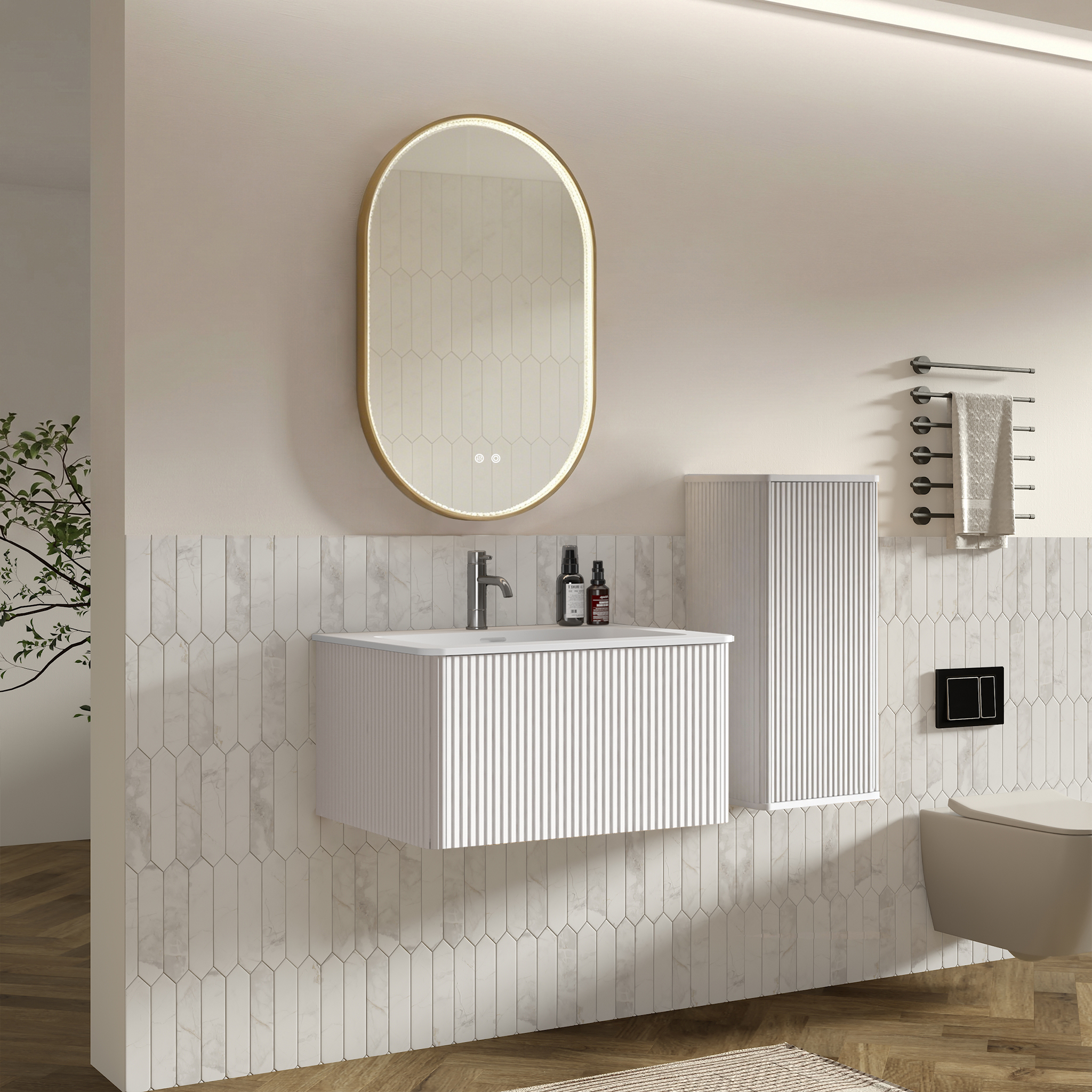 Miroir de salle de bains LED, éclairage led, contreplaqué et verre, blanc - vue 3
