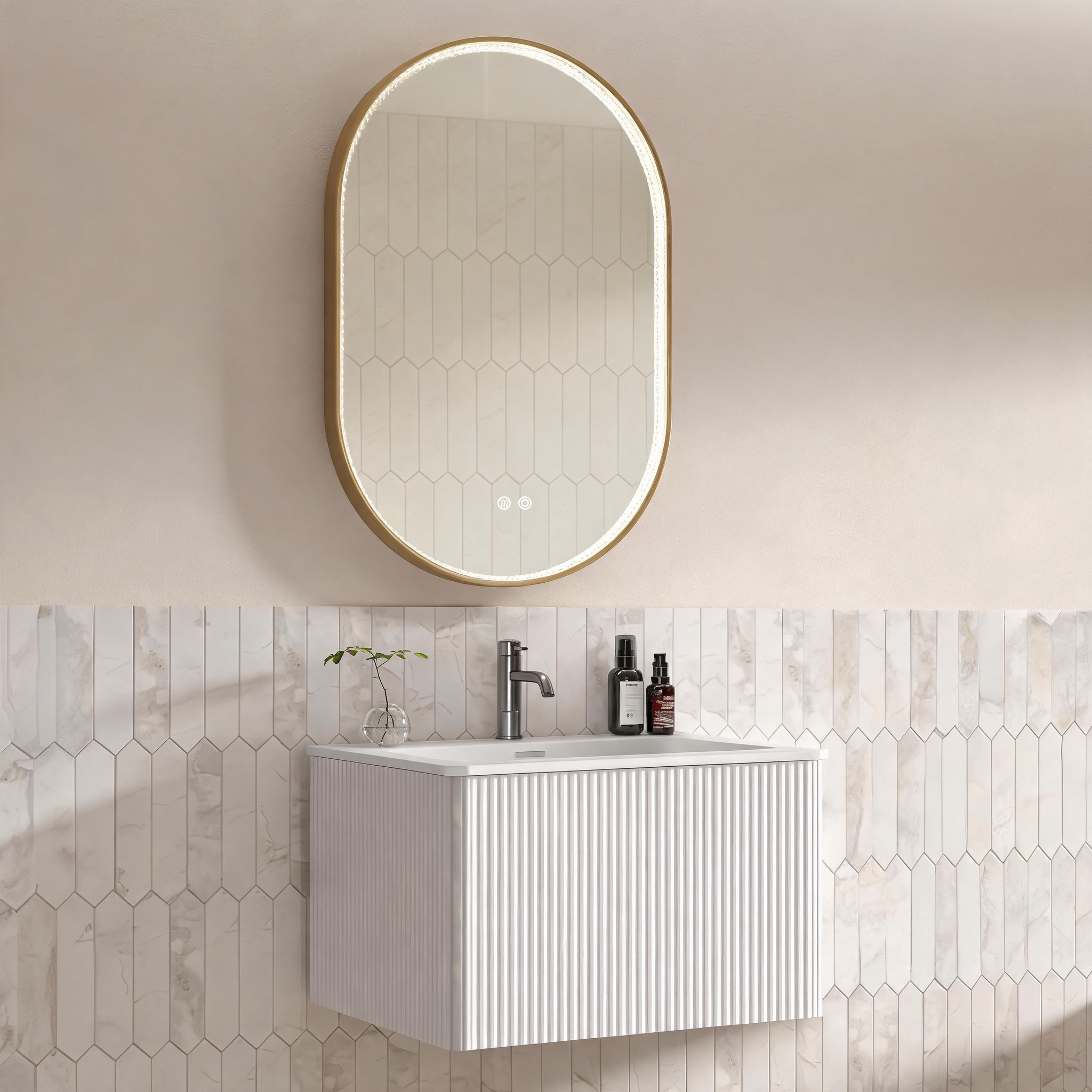 Miroir de salle de bains LED, avec tiroirs, éclairage led, contreplaqué et verre, blanc - vue 3