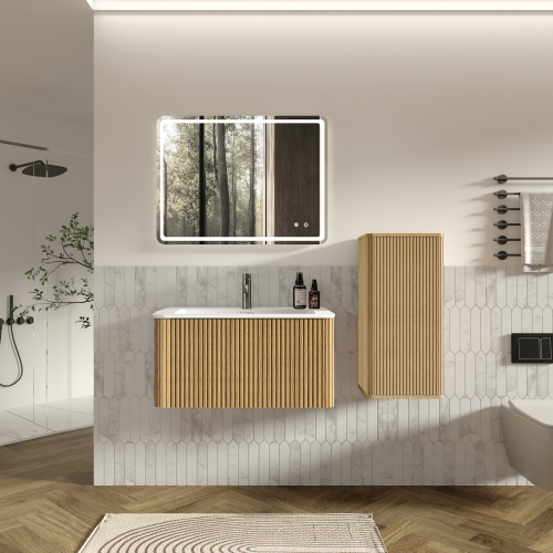 Ensemble meuble vasque et colonne suspendue effet chêne