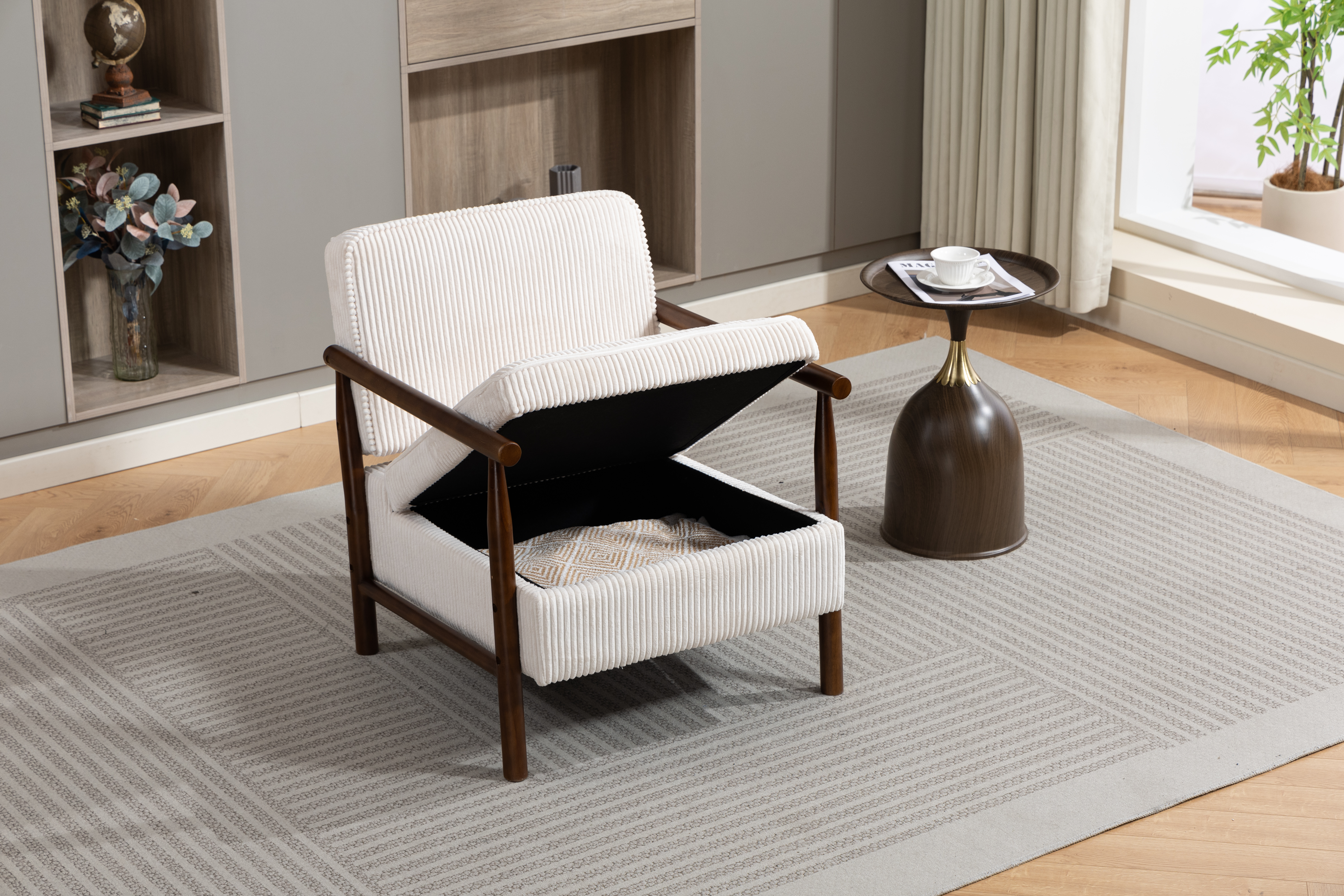 Fauteuil lounge avec repose-pieds, mousse haute densité, tissu doux, rangement dans l'assise, design simple, pour salon et chambre, confort pour sieste, lecture et jeu, capacité de charge élevée, usage quotidien - image 2