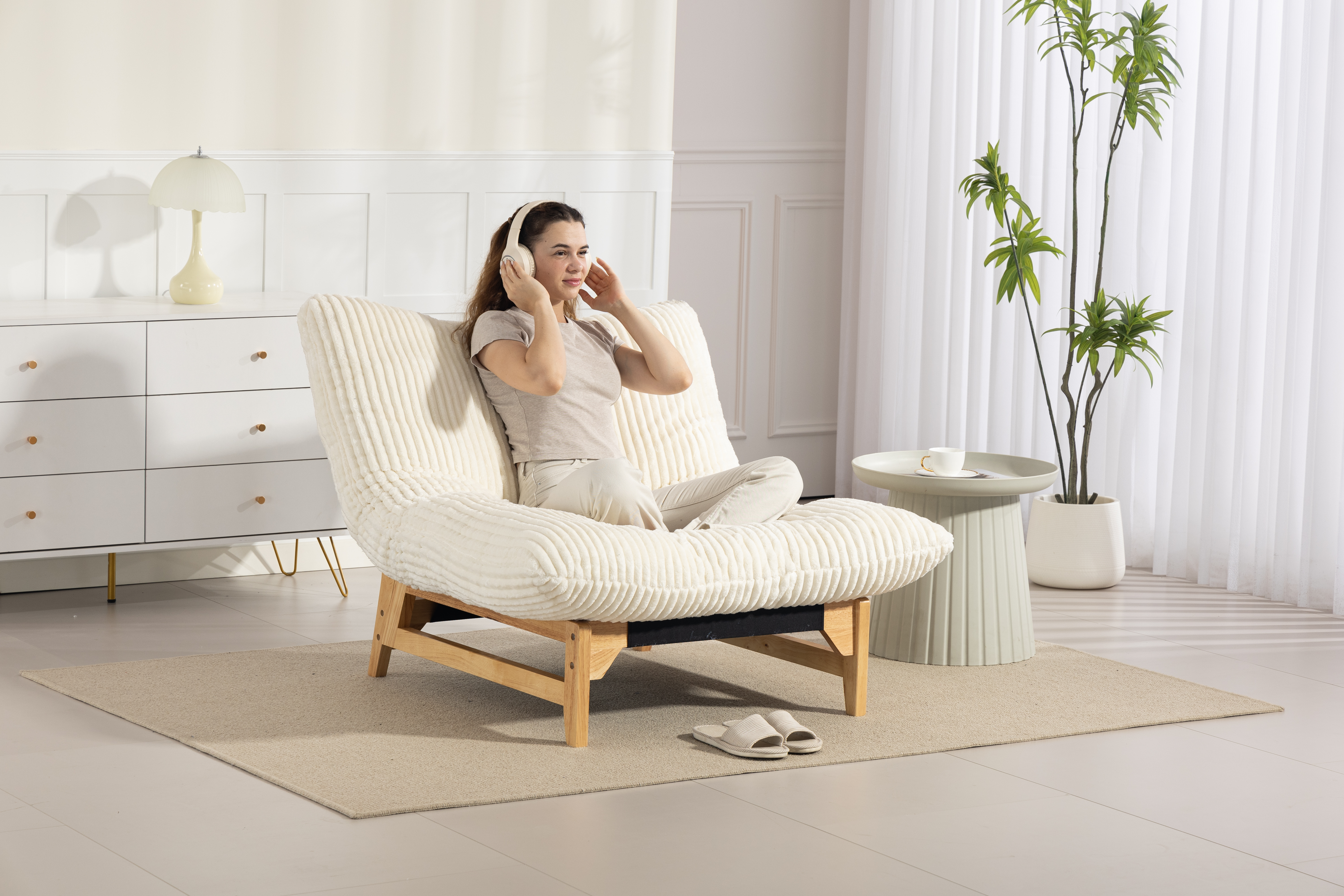 Pouf blanc corduroy sans accoudoirs - vue 2