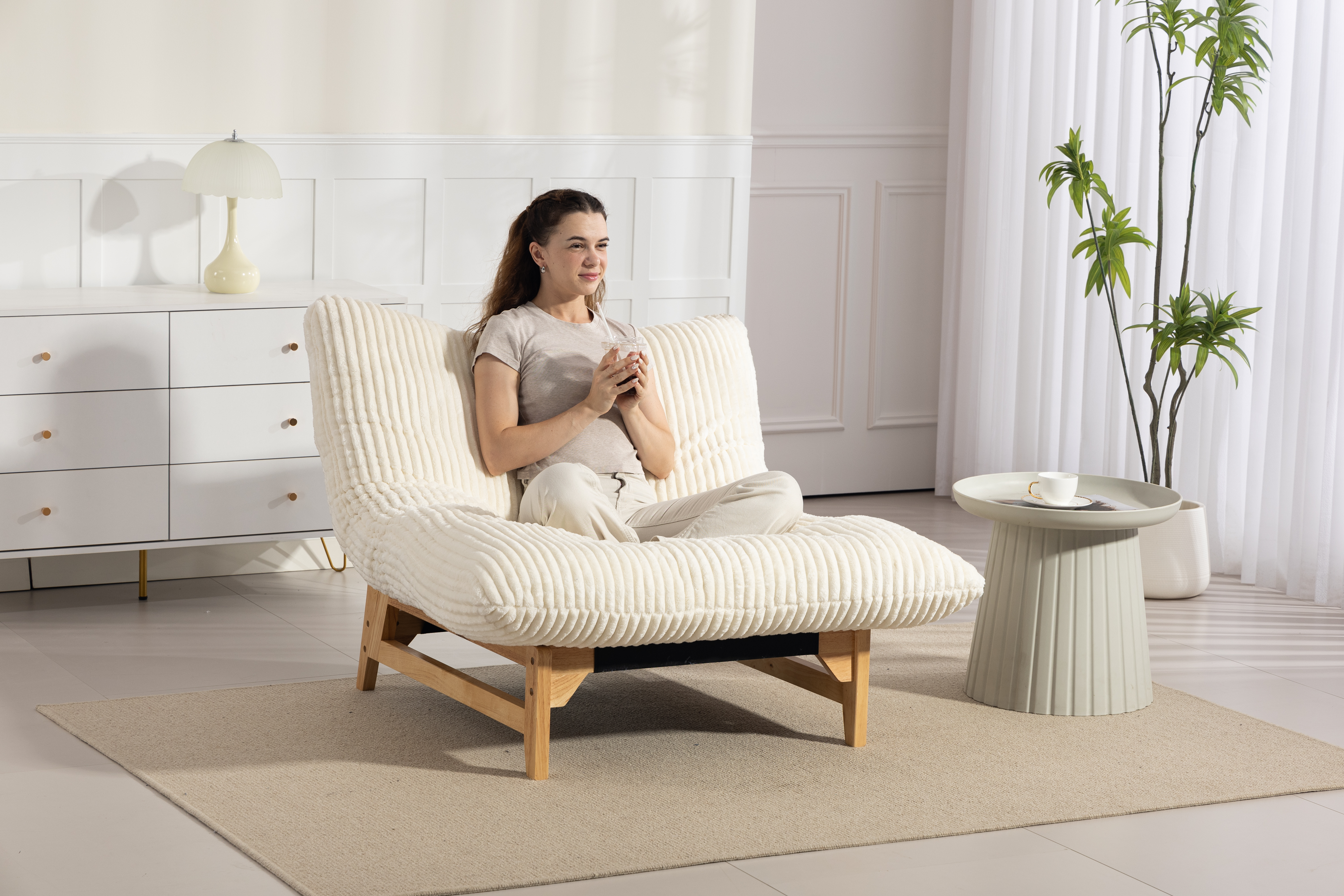 Pouf blanc corduroy sans accoudoirs - vue 3