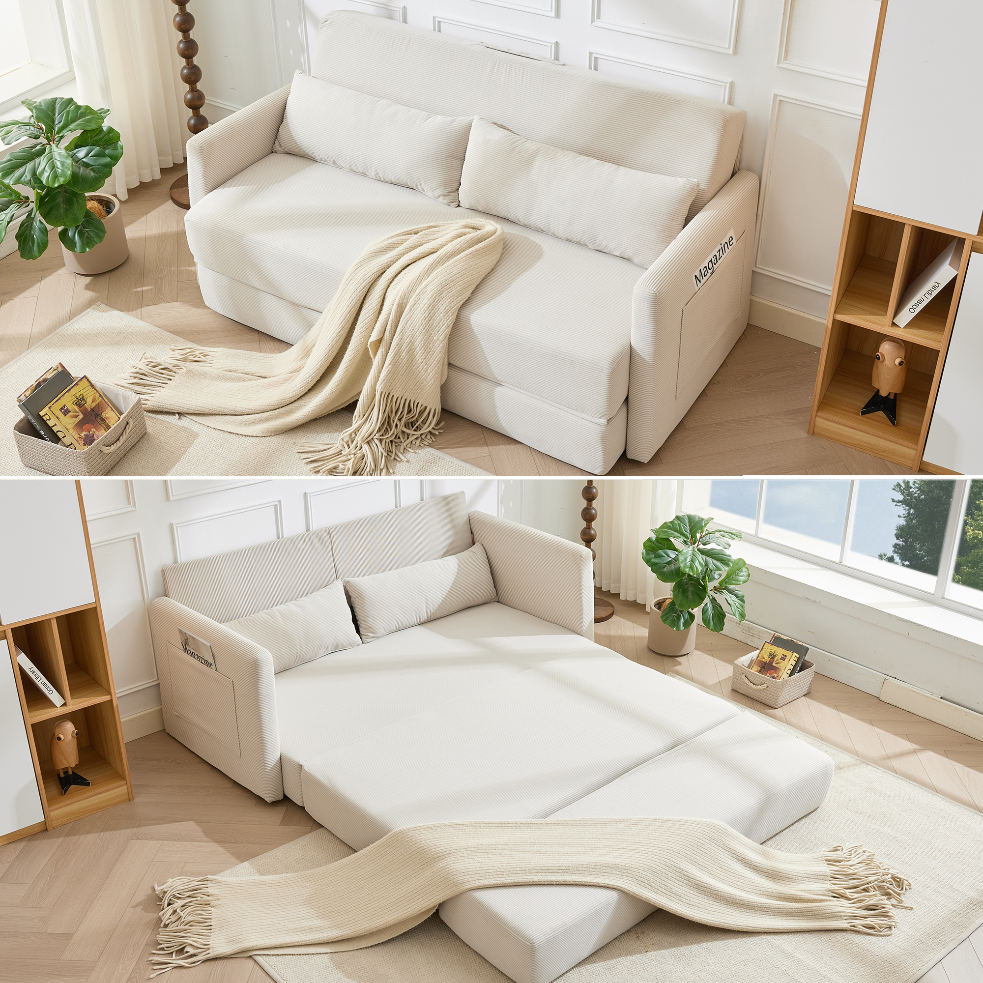 Canapé d’angle modulable 2 places 165 x 92 x 82 cm canapé en L avec méridienne, avec rangement, bois, Beige - présentation 1