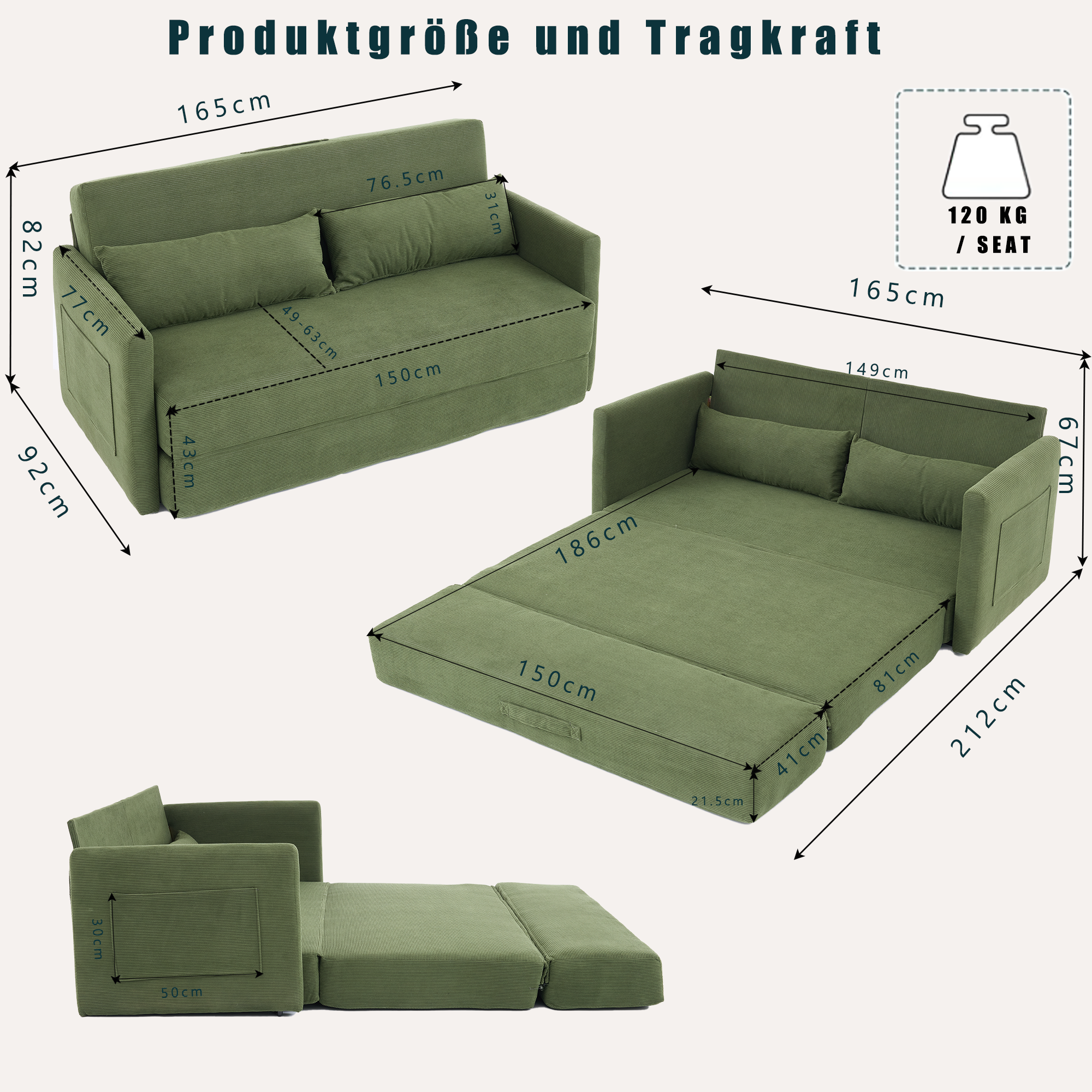 Canapé d’angle modulable 2 places 165 x 92 x 82 cm canapé en L avec méridienne, avec rangement, bois, Vert - vue complémentaire 1