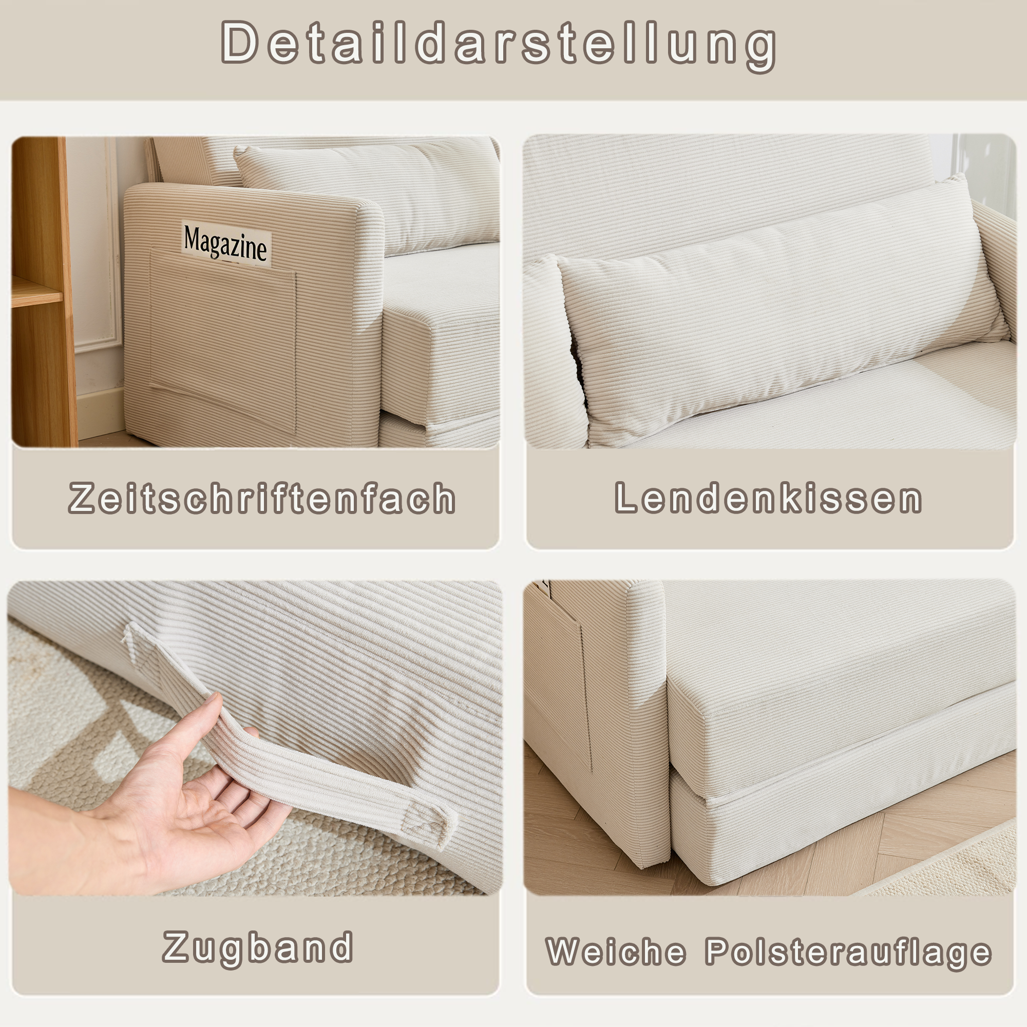 Canapé d’angle modulable 2 places 165 x 92 x 82 cm canapé en L avec méridienne, avec rangement, bois, Beige - spécifications 1