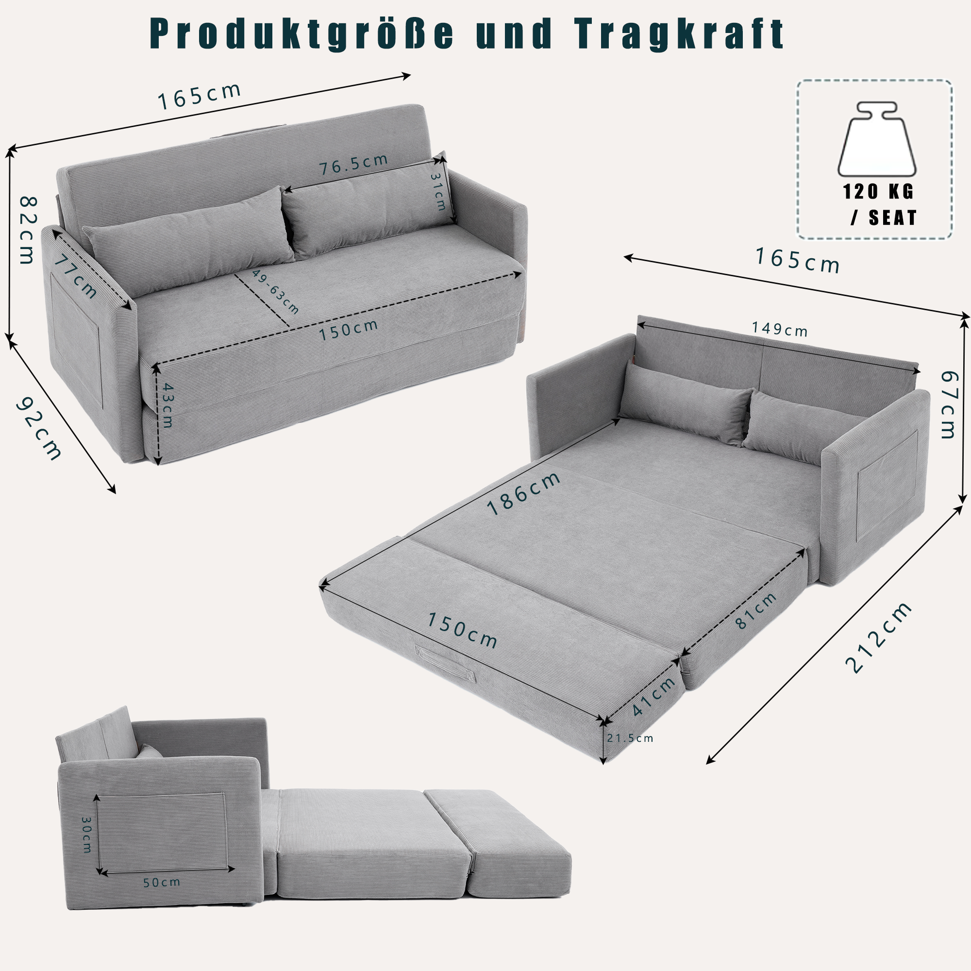 Canapé d’angle modulable 2 places 165 x 92 x 82 cm canapé en L avec méridienne, avec rangement, bois, Gris - vue complémentaire 1