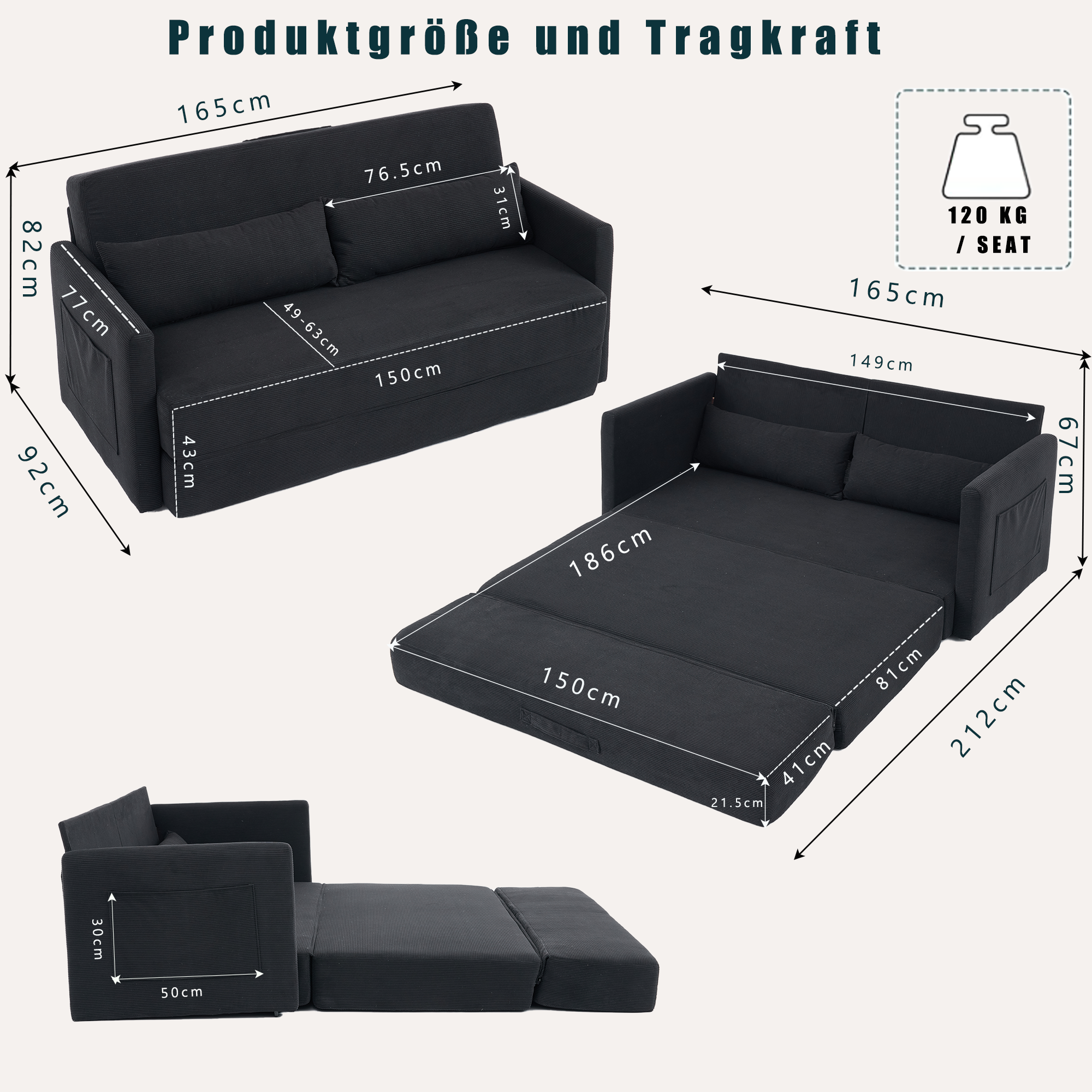 Canapé d’angle modulable 2 places 165 x 92 x 82 cm canapé en L avec méridienne, avec rangement, bois, Noir - vue complémentaire 1