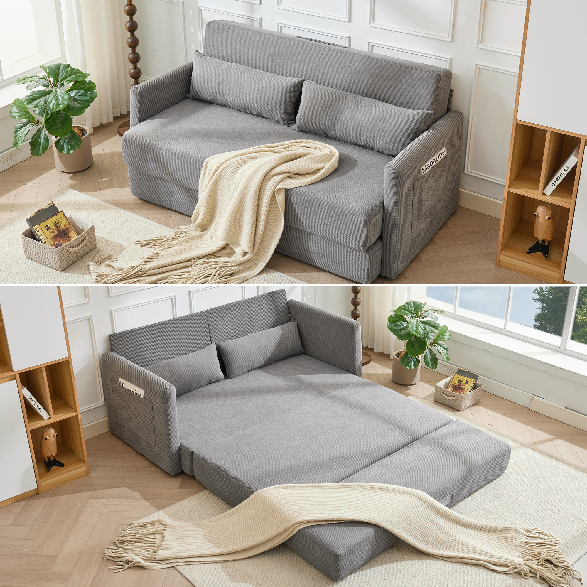 Canapé d’angle modulable 2 places 165 x 92 x 82 cm canapé en L avec méridienne, avec rangement, bois, Gris - présentation 1