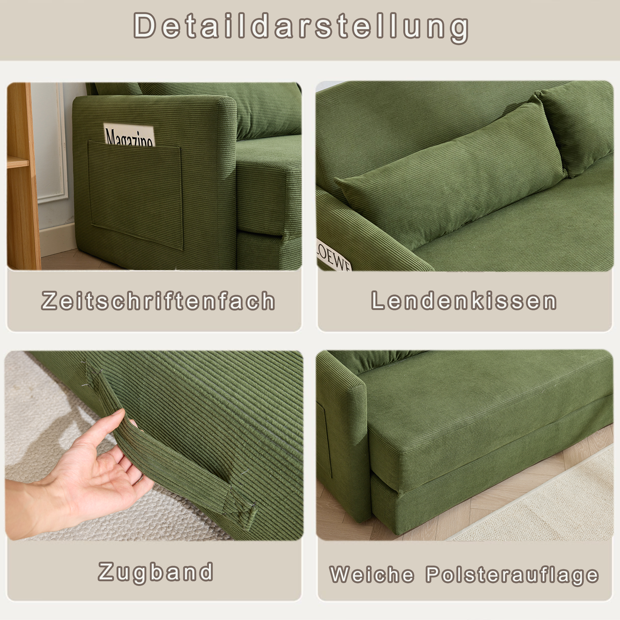 Canapé d’angle modulable 2 places 165 x 92 x 82 cm canapé en L avec méridienne, avec rangement, bois, Vert - spécifications 1