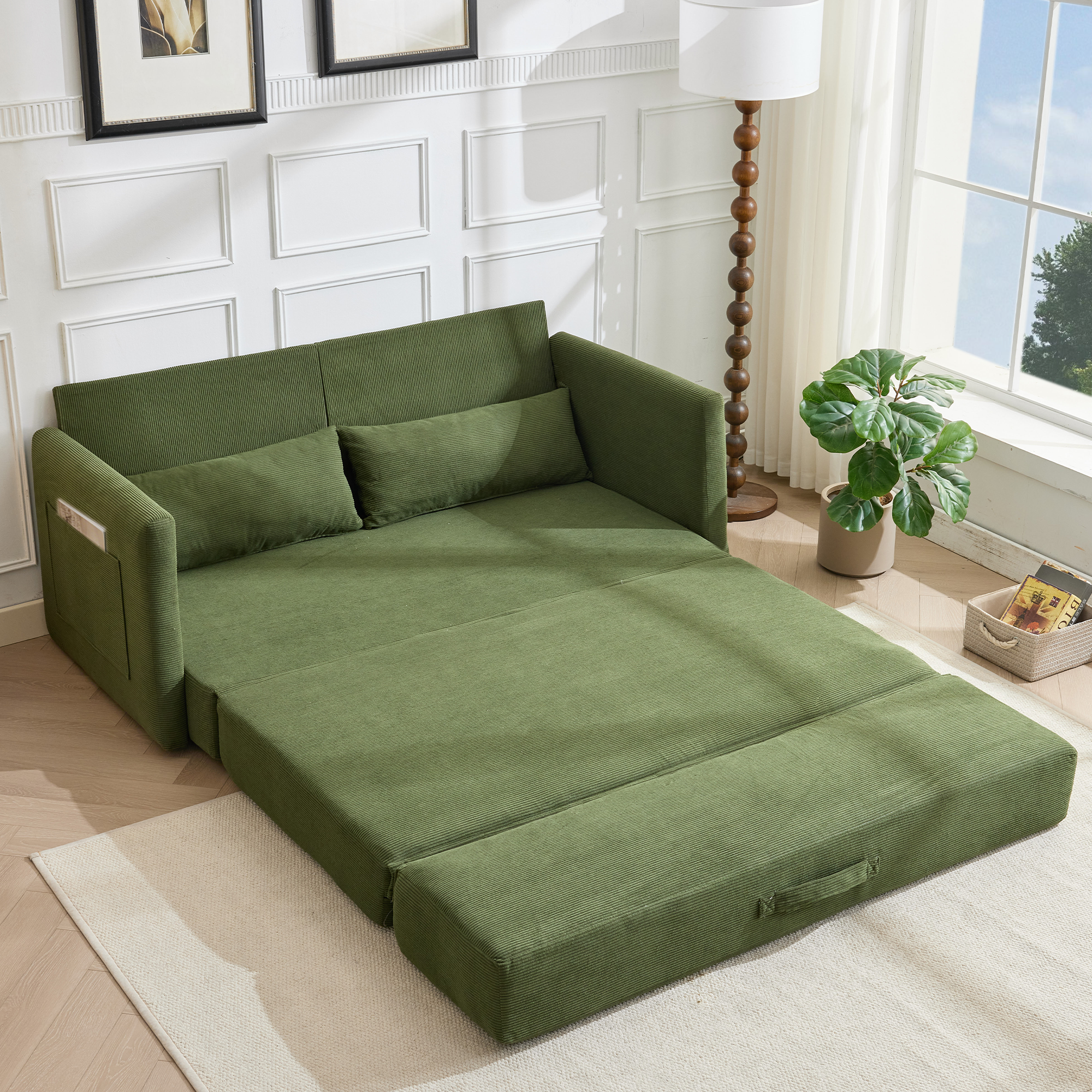 Canapé d’angle modulable 2 places 165 x 92 x 82 cm canapé en L avec méridienne, avec rangement, bois, Vert - présentation 1