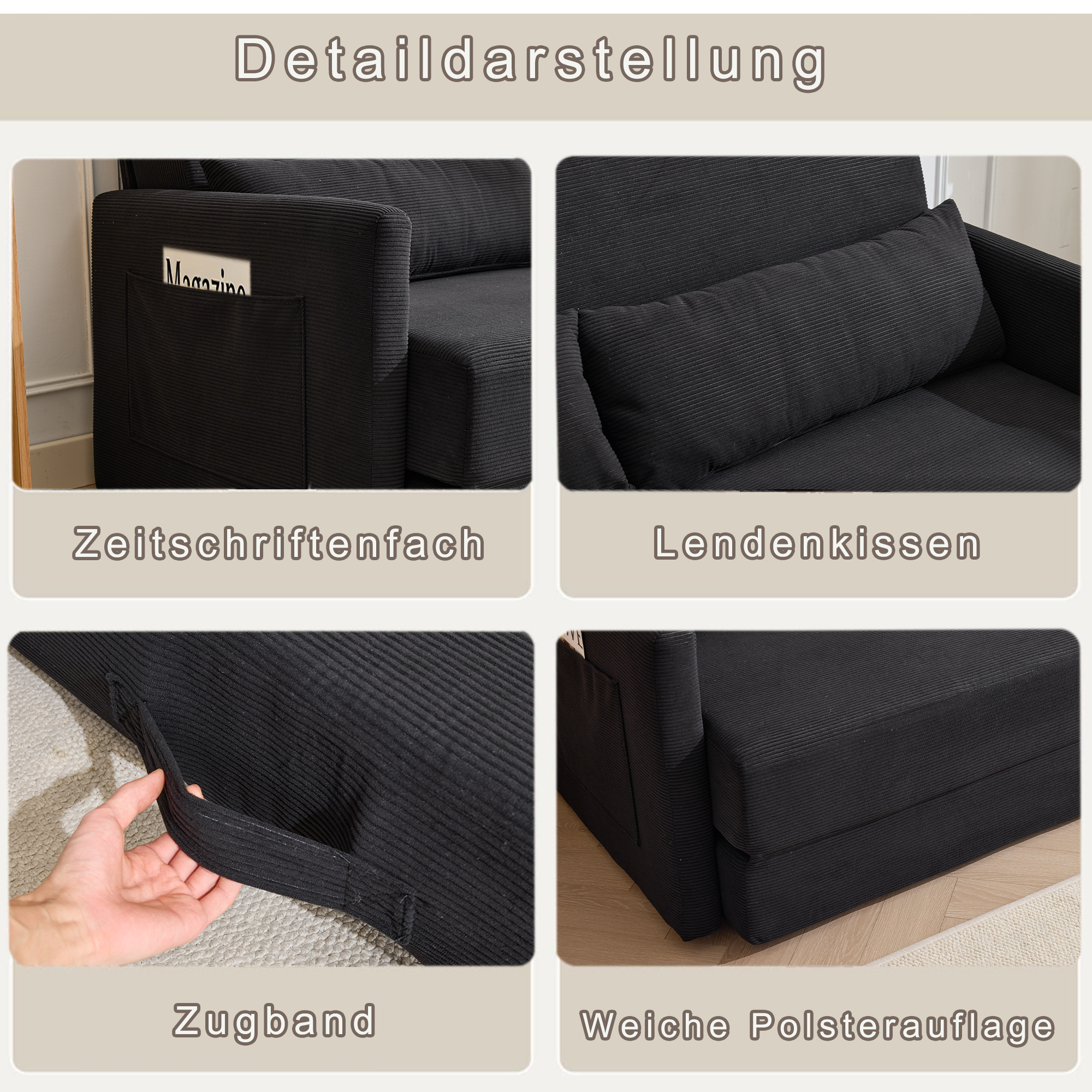 Canapé d’angle modulable 2 places 165 x 92 x 82 cm canapé en L avec méridienne, avec rangement, bois, Noir - spécifications 1