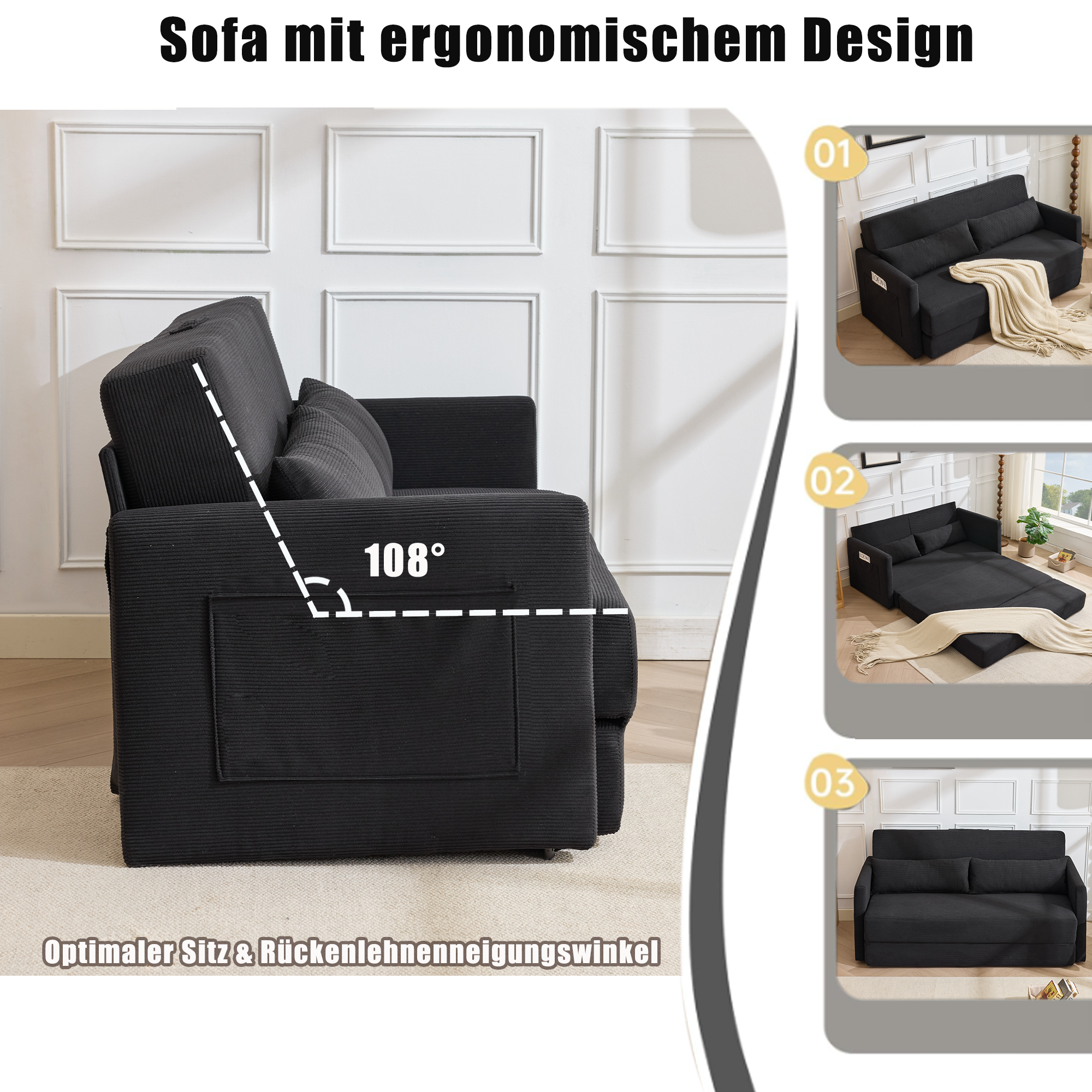Canapé d’angle modulable 2 places 165 x 92 x 82 cm canapé en L avec méridienne, avec rangement, bois, Noir - présentation 1