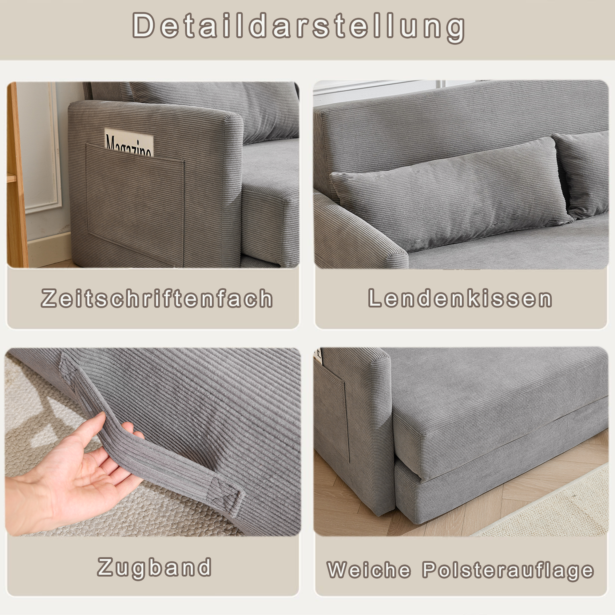 Canapé d’angle modulable 2 places 165 x 92 x 82 cm canapé en L avec méridienne, avec rangement, bois, Gris - spécifications 1