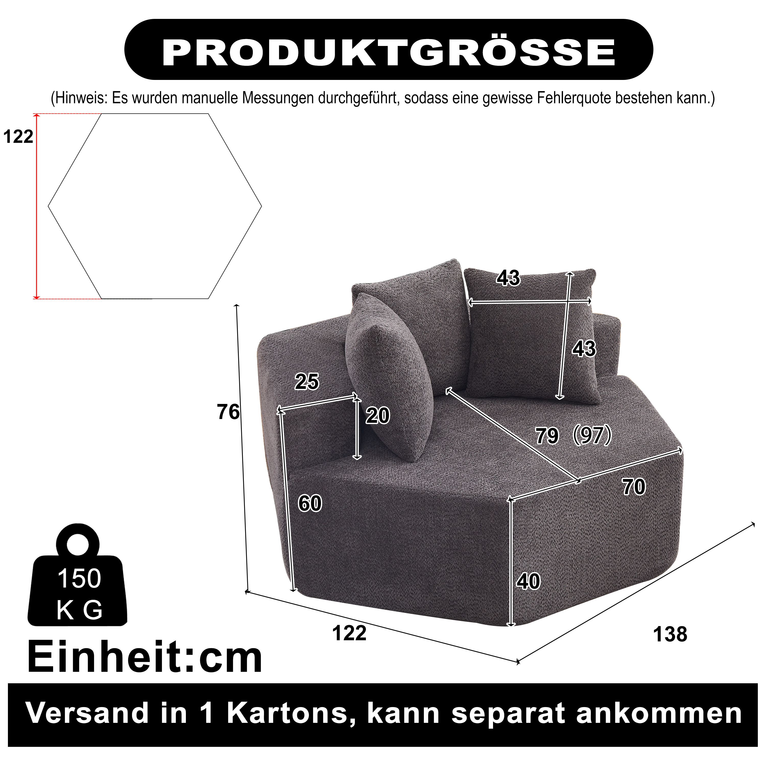 Fauteuil, 1 pièce, configuration modulable, chenille et mousse, gris - vue 1